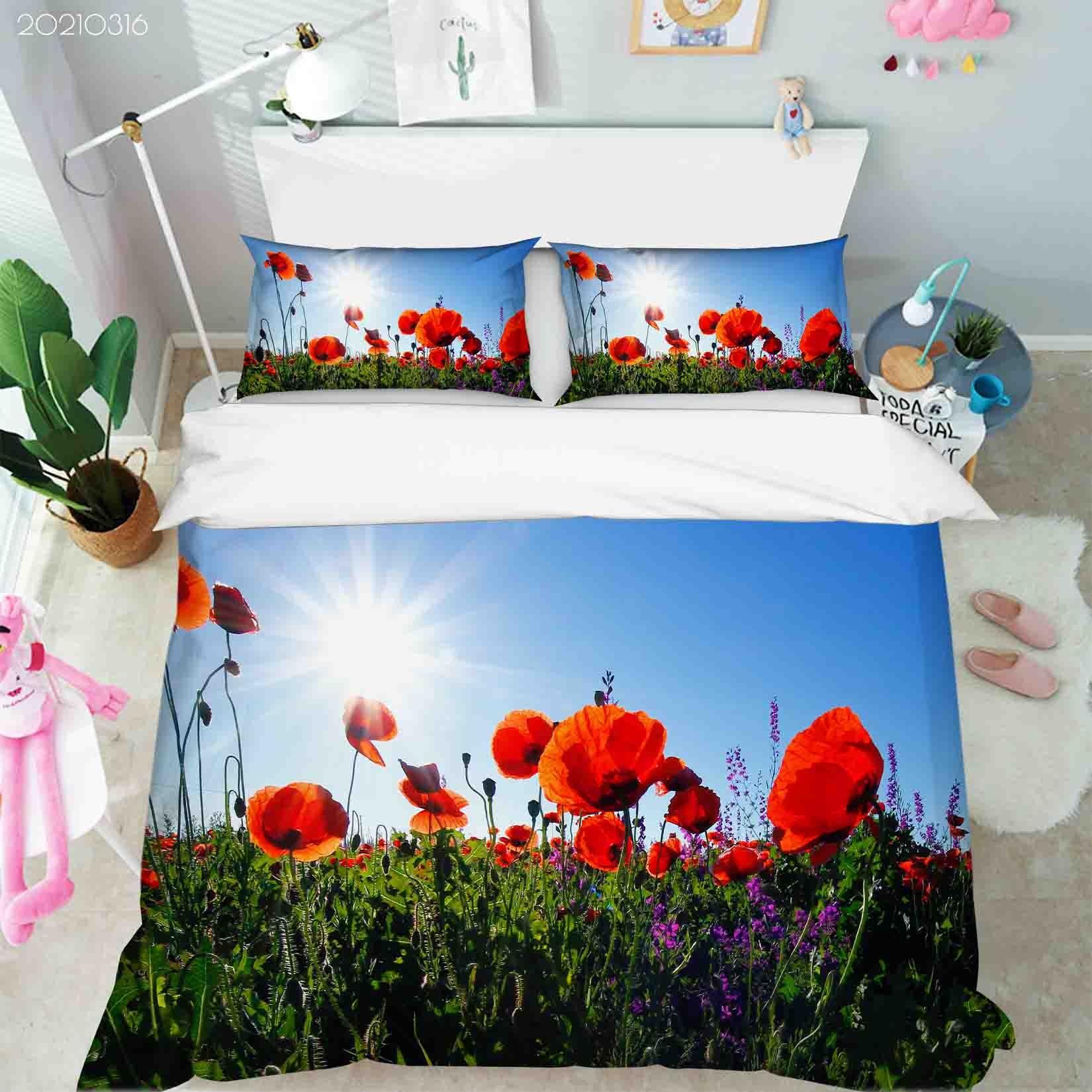 3D Blue Sky Sunshine Poppy Floral Quilt Cover Set Bedding Set Duvet Cover Pillowcases 146- Jess Art Decoration