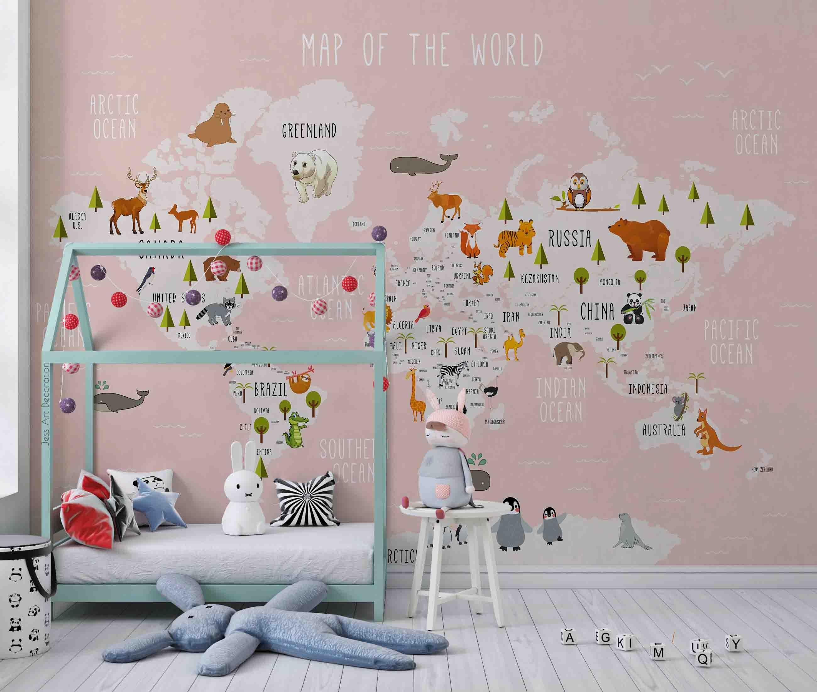 3D Cartoon Animal World Map Wall Mural Wallpaper sww 272- Jess Art Decoration