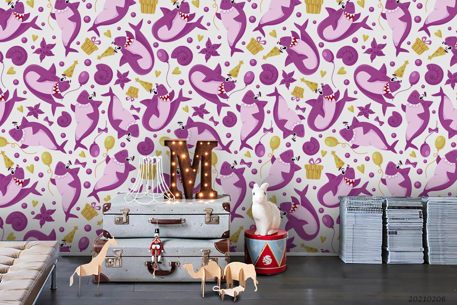 3D Cartoon Animal Purple Shark Wall Mural Wallpaper LQH 229- Jess Art Decoration