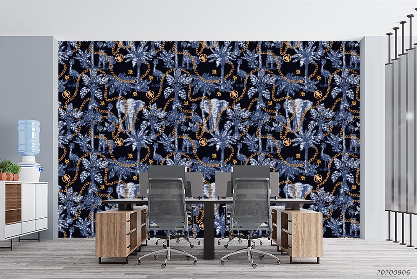 Vintage Blue Elephant Animal Palm Tree Plant Pattern Wall Mural Wallpaper LXL- Jess Art Decoration