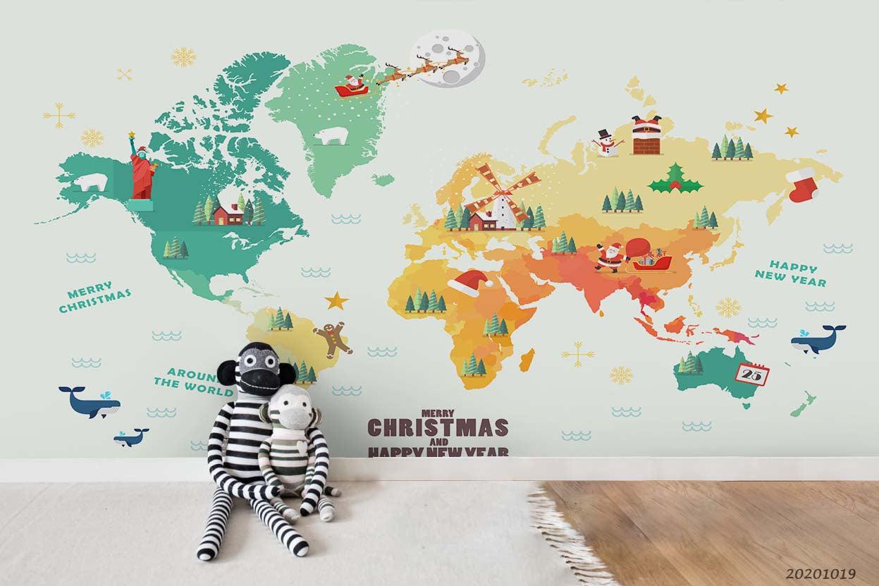 3D Watercolor World Map Christmas Mural Wallpaper WJ 9502- Jess Art Decoration