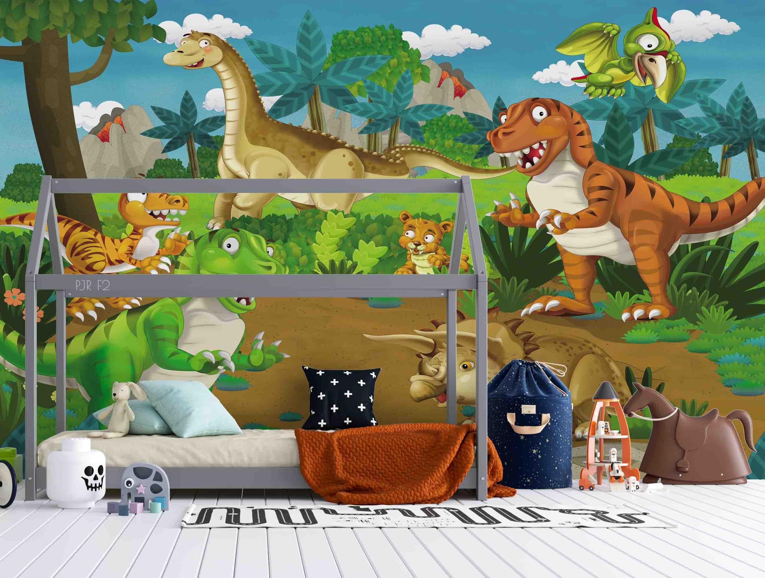 3D Dinosaur Tigers Jungle cartoon dinosaur jungle mural wall mural wallpaper for playroom - view 2