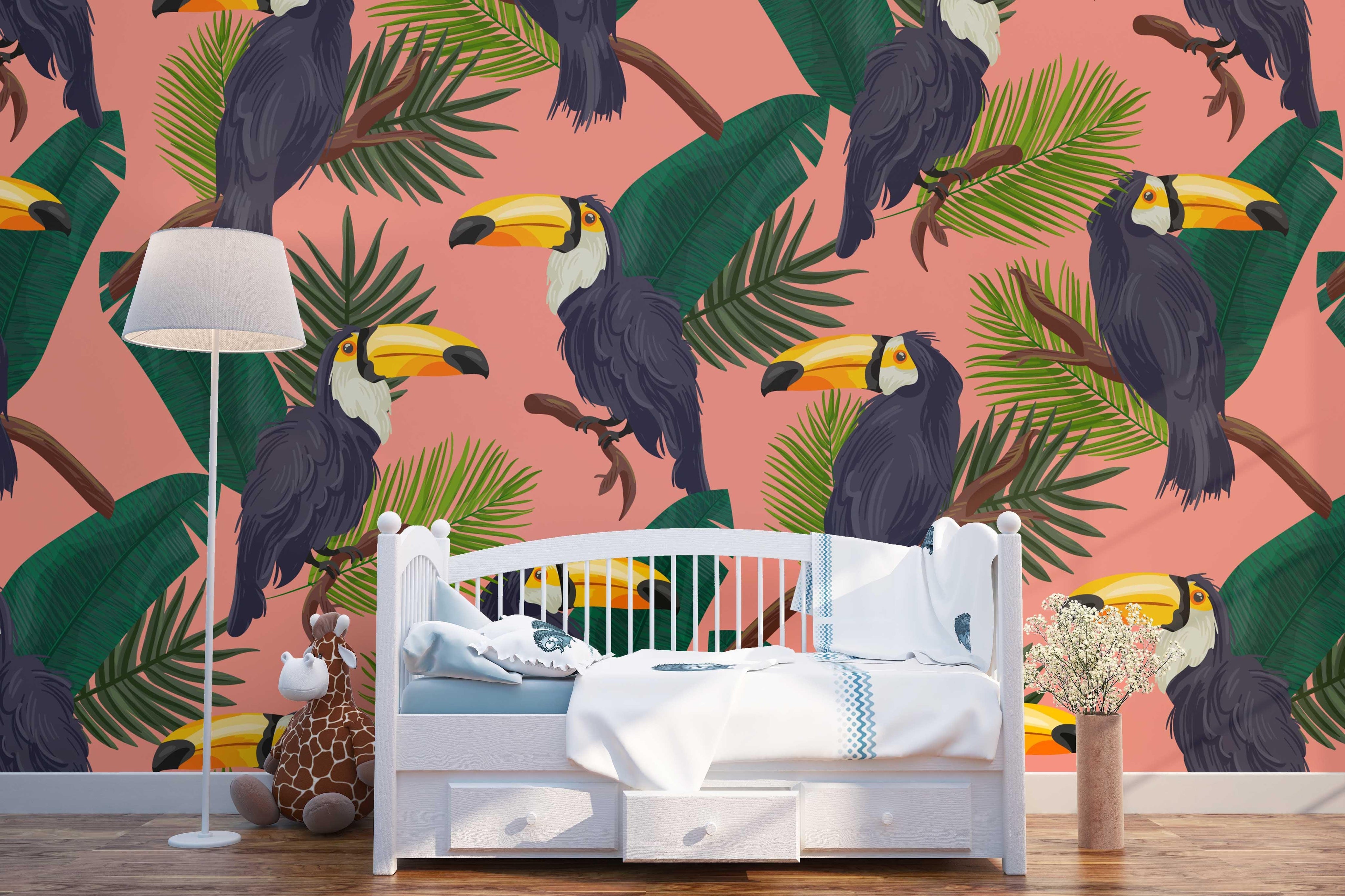 3D Green Leaf Long Beaked Bird Pink Wall Mural Wallpaper 6- Jess Art Decoration