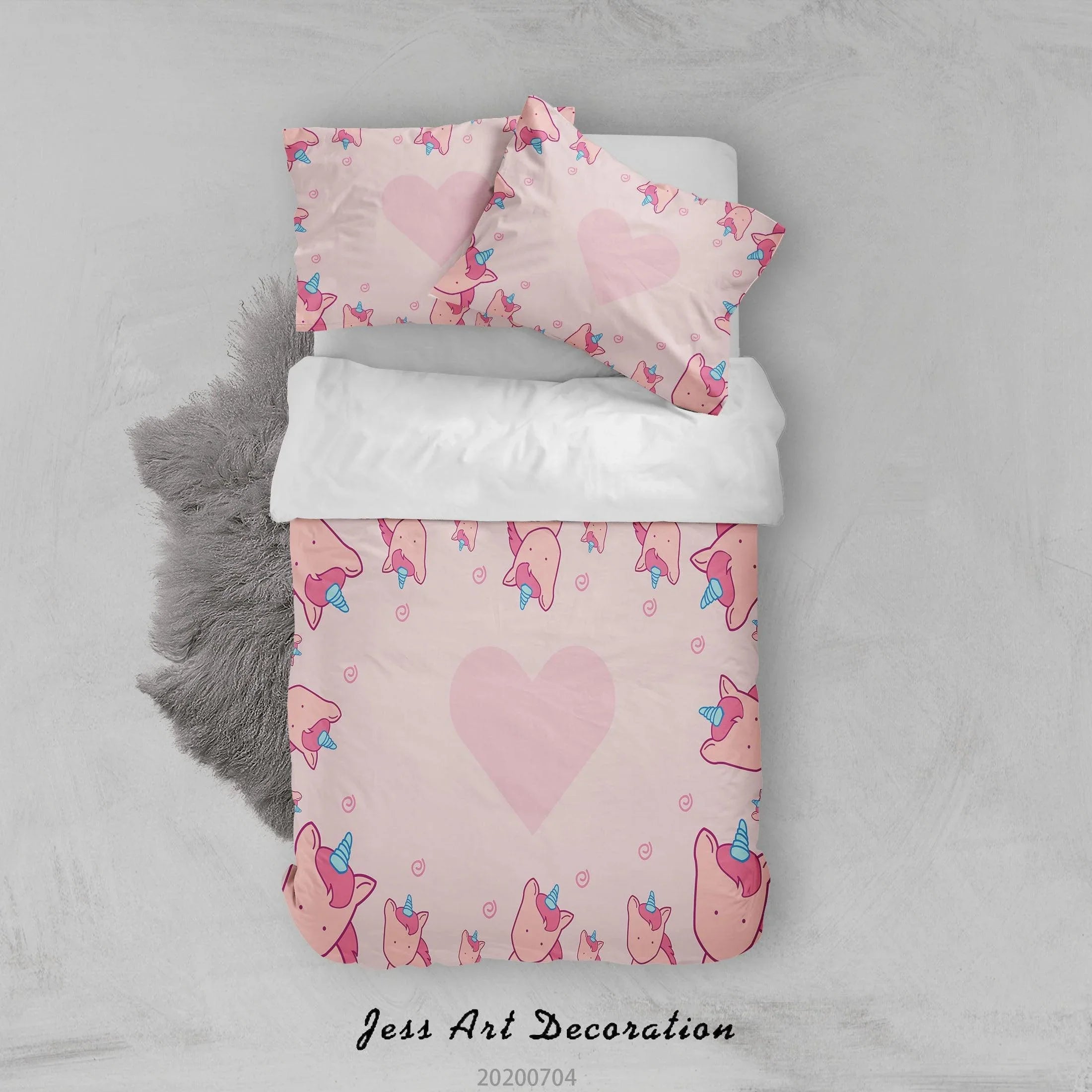 3D Pink Heart Unicorn Quilt Cover Set Bedding Set Duvet Cover Pillowcases SF15- Jess Art Decoration