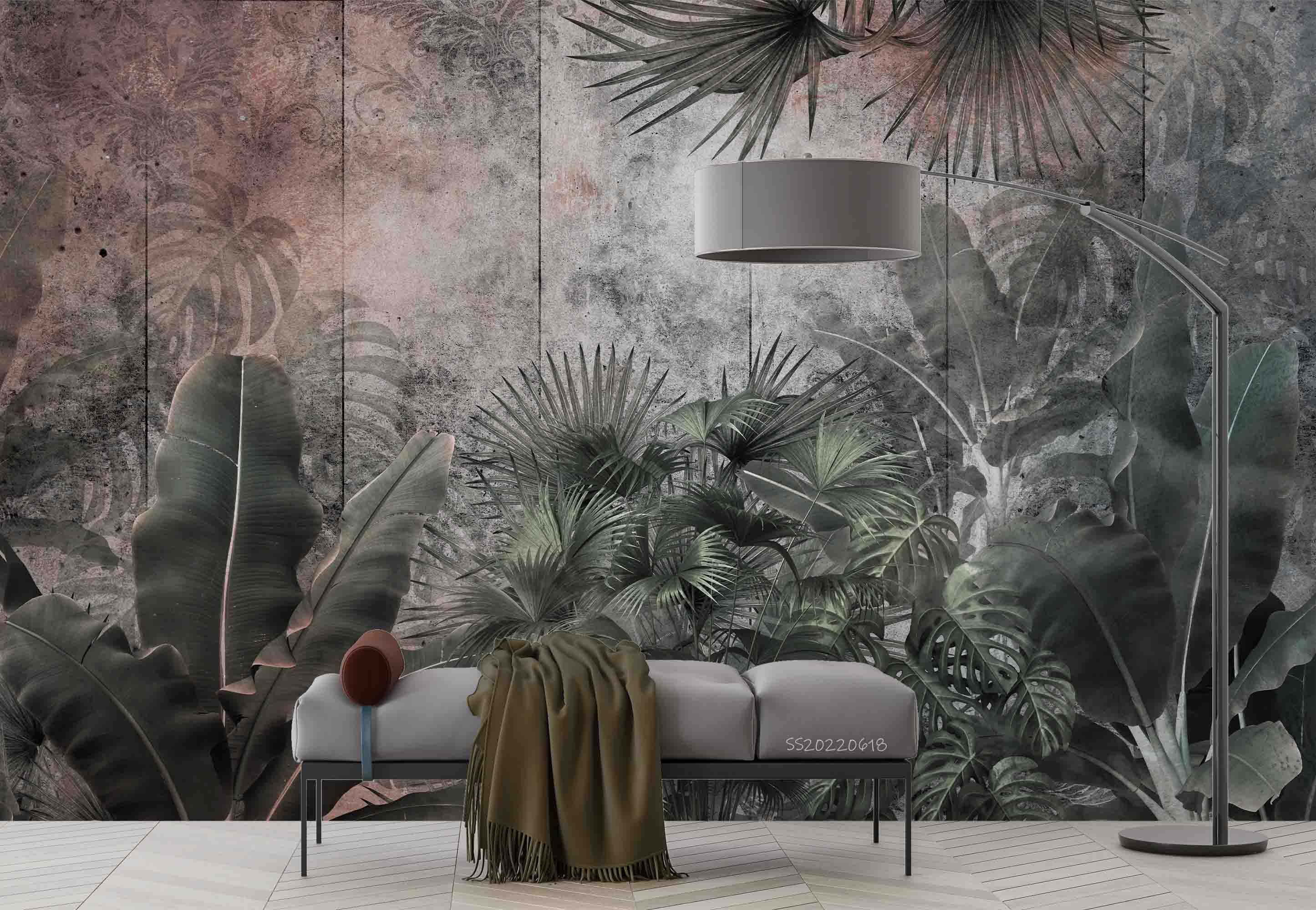 3D Vintage Tropical Palm Leaf Cement Wall Background Wall Mural Wallpaper GD 774- Jess Art Decoration