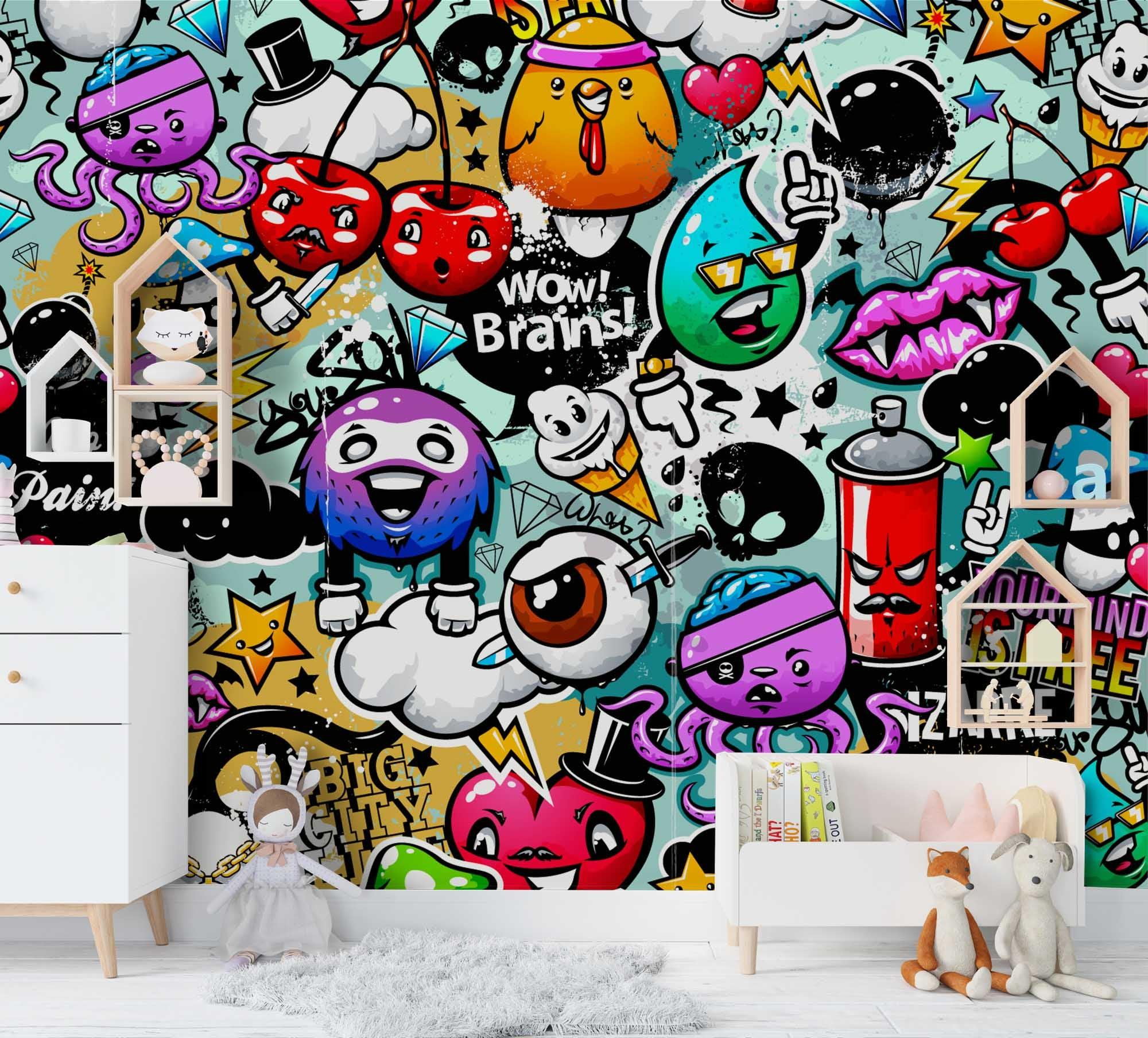 3D Cartoon Graffiti Octopus Brain Spray Can Wall Mural Wallpaper SF07- Jess Art Decoration