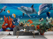 3D Hand-painted Cartoon Underwater World Fish Dolphin Coral Wall Mural Wallpaper 5089- Jess Art Decoration