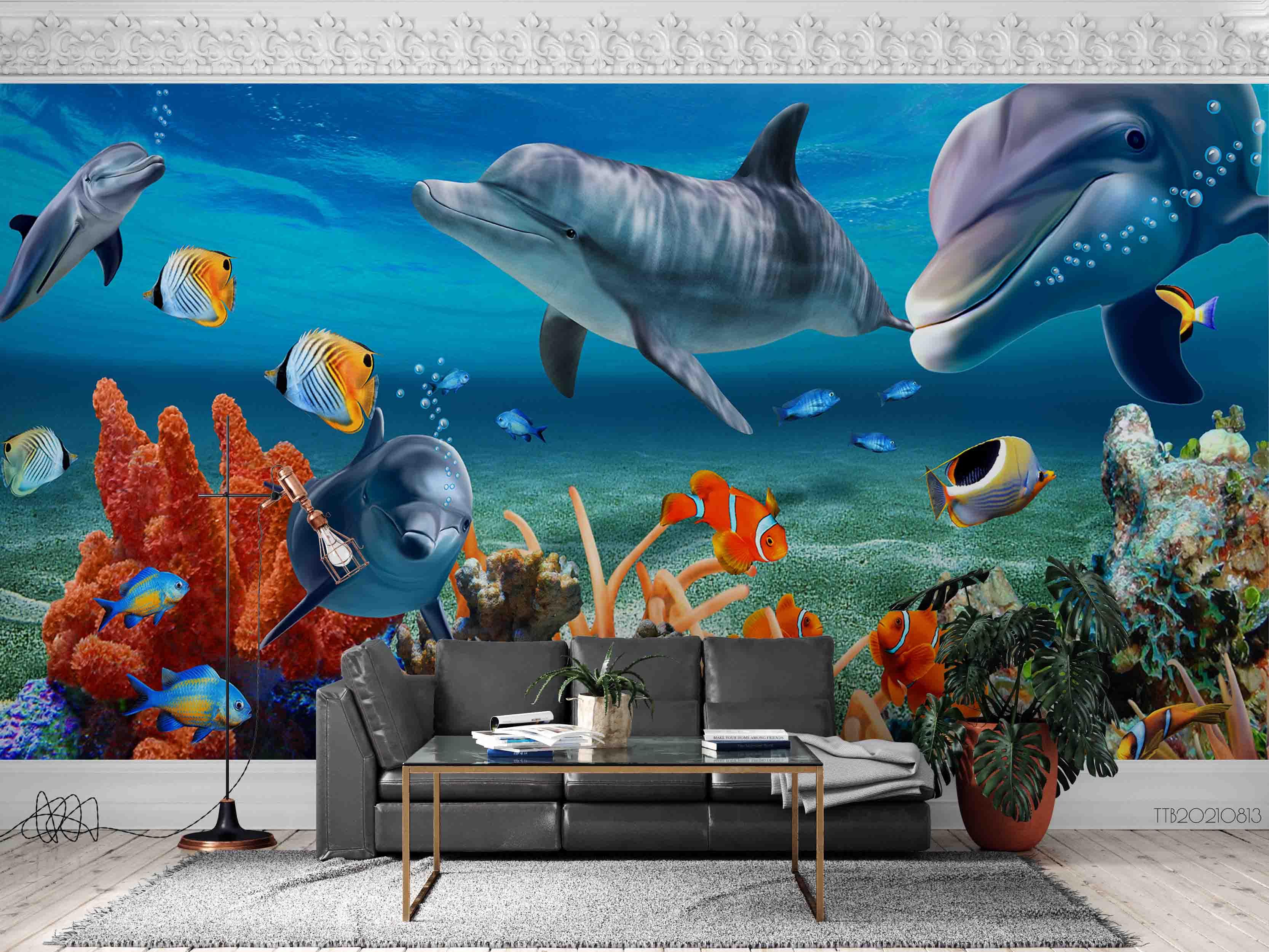 3D Hand-painted Cartoon Underwater World Fish Dolphin Coral Wall Mural Wallpaper 5089- Jess Art Decoration