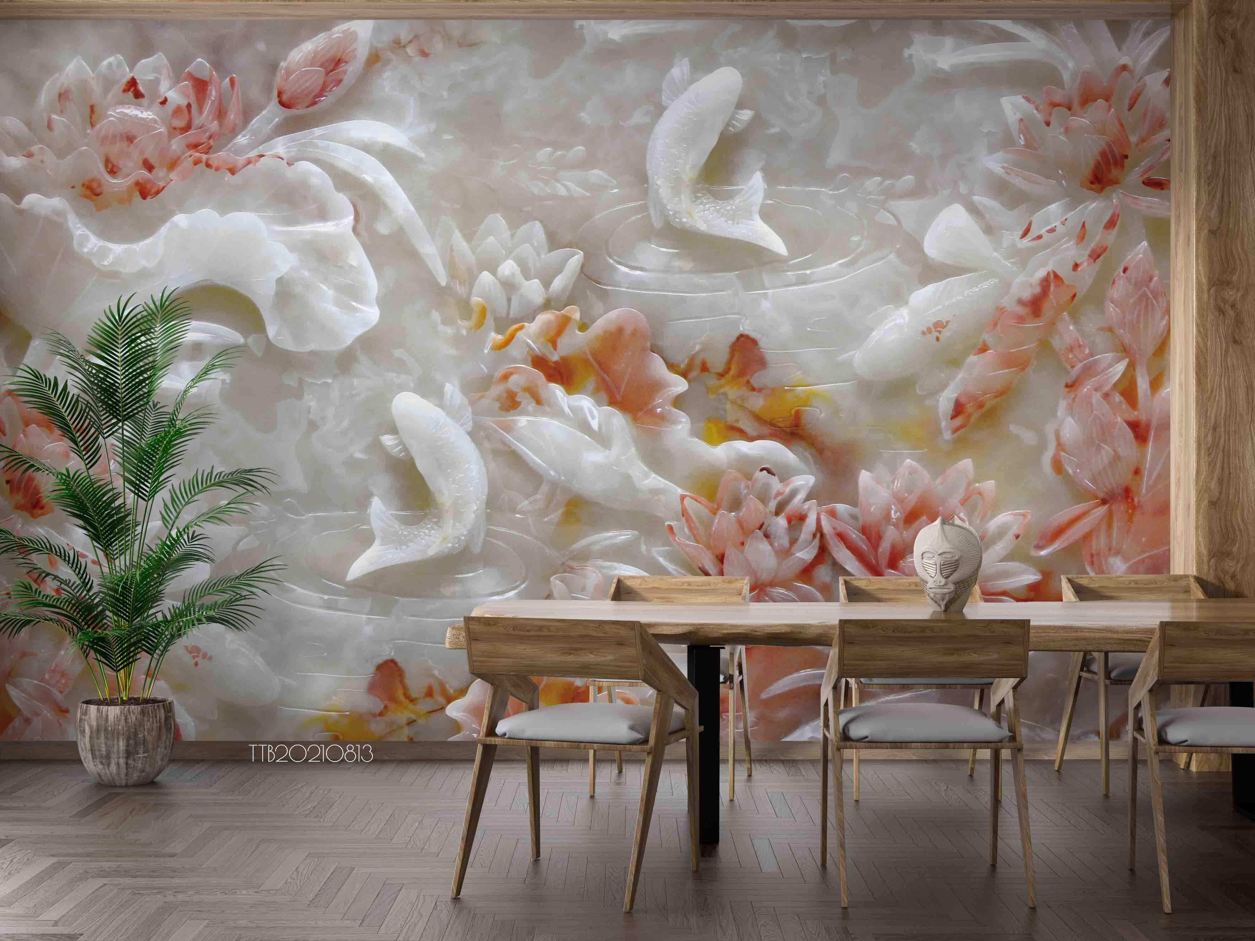 3D Marble Relief Lotus Carp Wall Mural WallpaperSWW5121- Jess Art Decoration