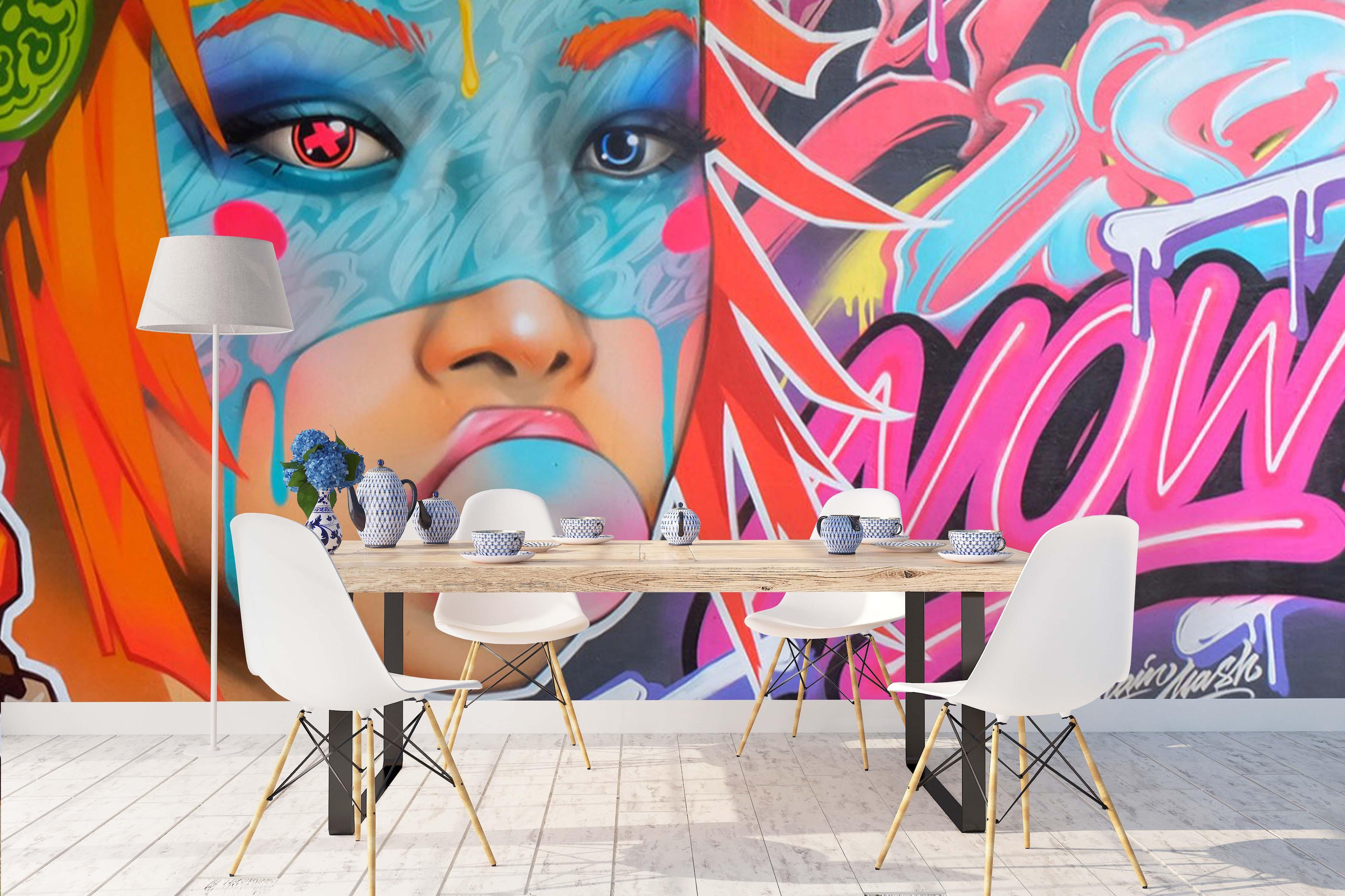 3D Young Girl Face Colorful Graffiti Wall Mural Wallpaper 260- Jess Art Decoration