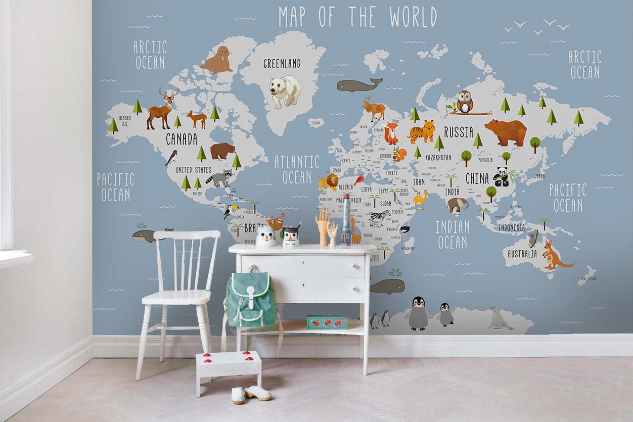 3D Cartoon Blue World Map Wall Mural Wallpaper LQH 32- Jess Art Decoration