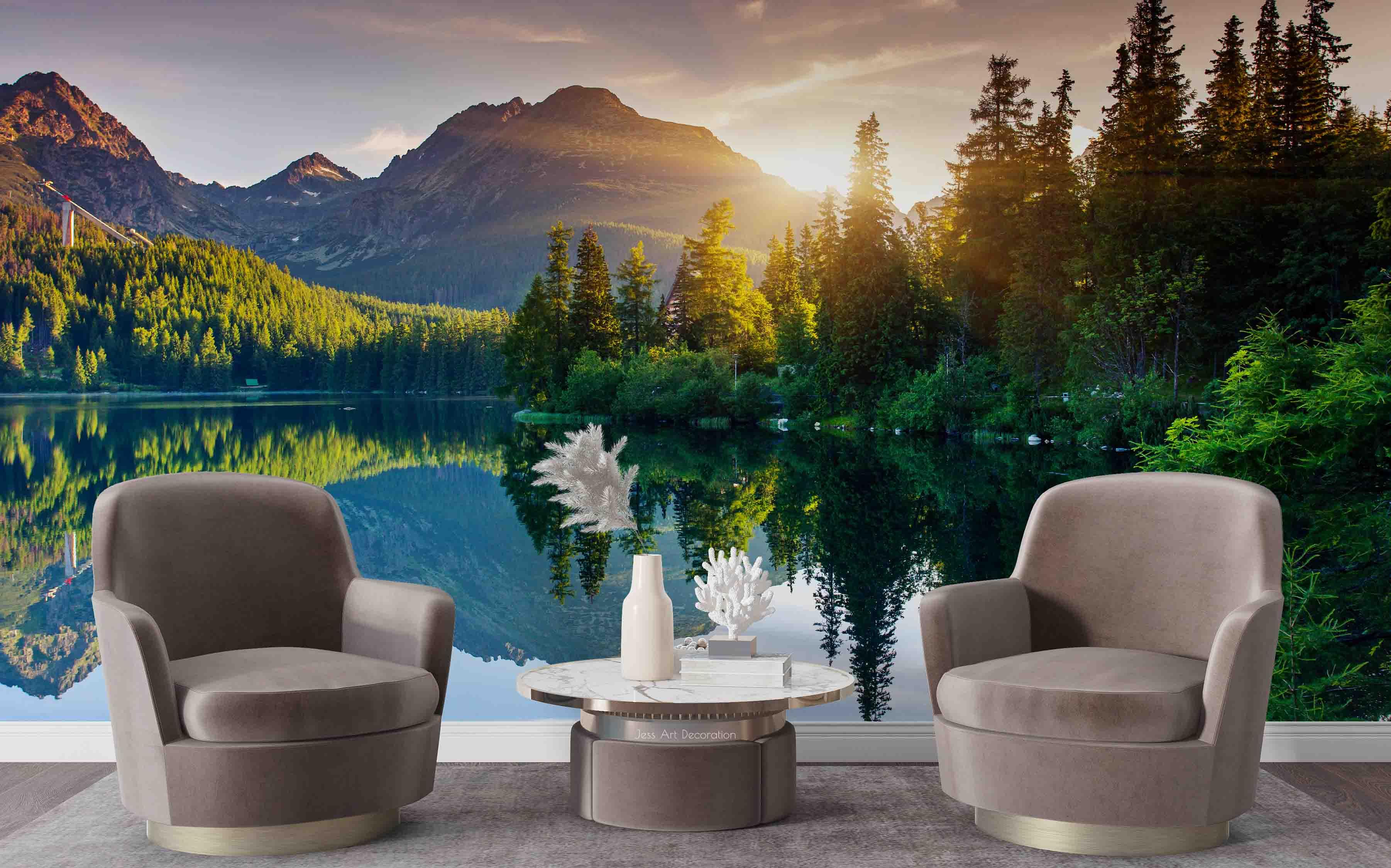 3D Nature Landscape Forest Lake Reflection Mountain Wall Mural Wallpaper GD 2328- Jess Art Decoration