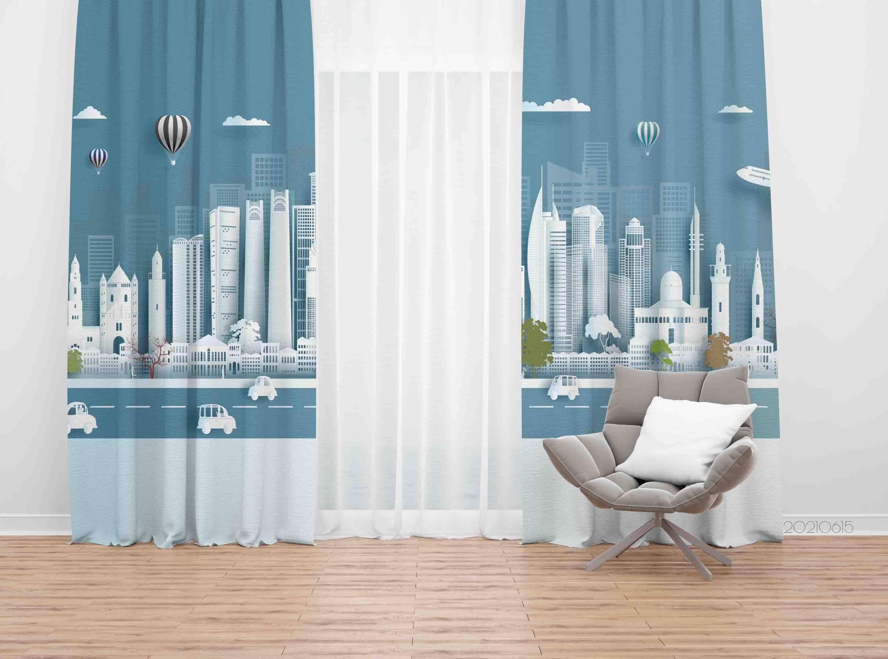 3D Abstract Building City Road Car Hot Air Balloon White Curtains and Drapes LLL 434- Jess Art Decoration