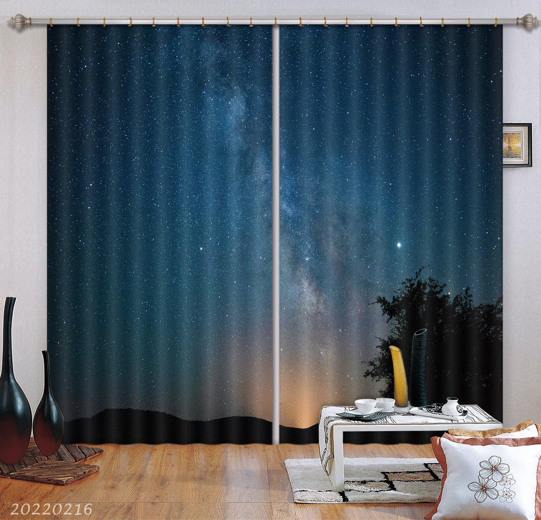 3D Blue Stars Night Black Tree Curtains and Drapes GD 2317- Jess Art Decoration