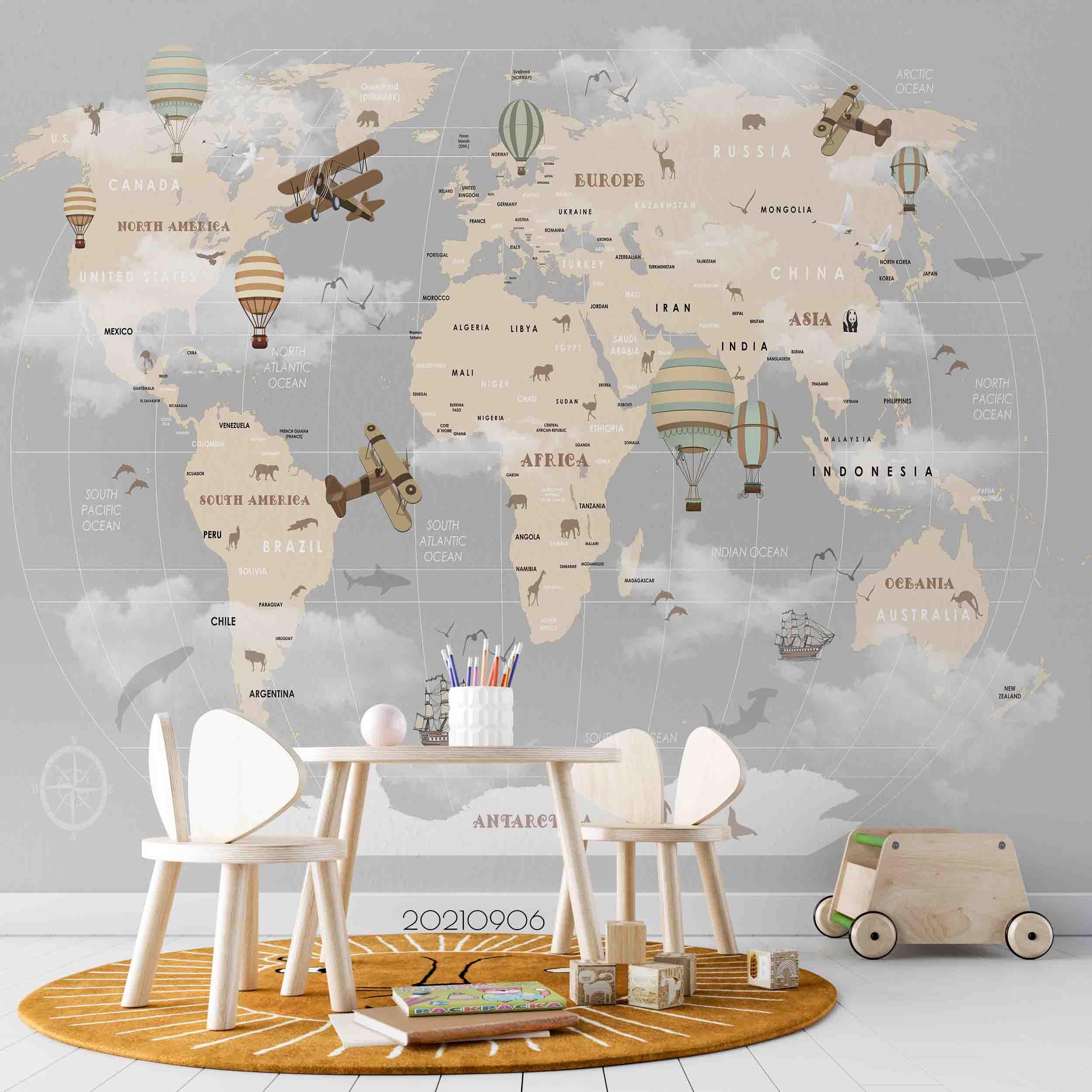 3D Gray World Map Airplane Kids Wall Mural Wallpaper LQH 734- Jess Art Decoration