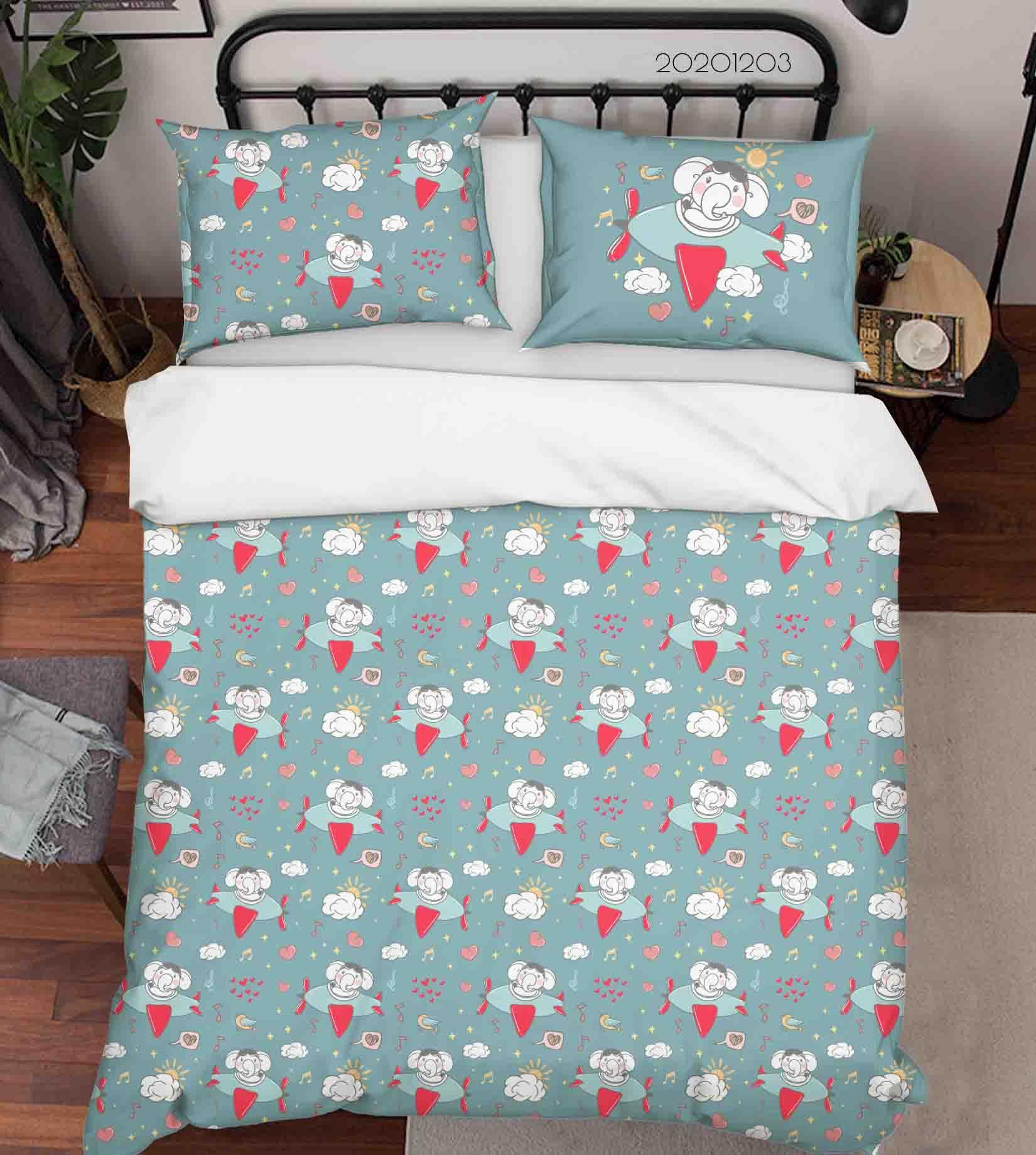 3D Cartoon Hand Drawn Sky Elephant Airplane Animal Cloud Blue Quilt Cover Set Bedding Set Duvet Cover Pillowcases LXL- Jess Art Decoration