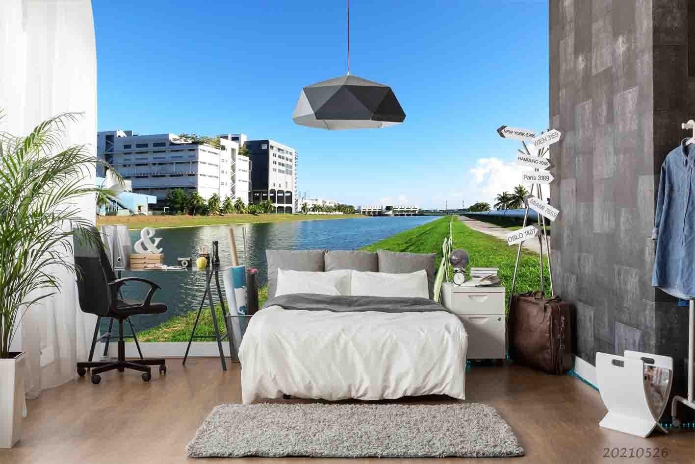 3D Tropics Building River Grass Land Wall Mural Wallpaper SWW305- Jess Art Decoration