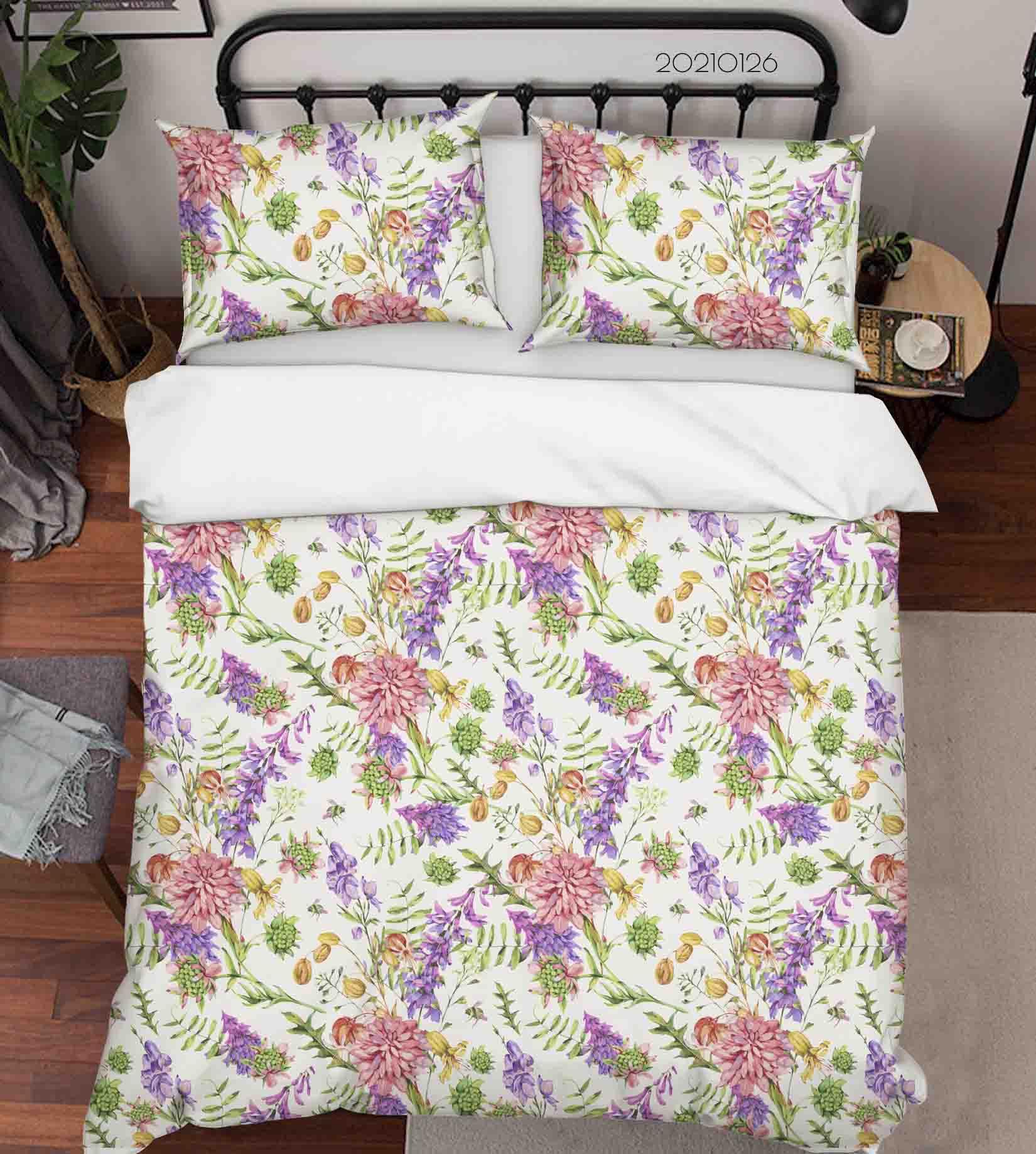 3D Hand Drawn Pink Purple Floral Quilt Cover Set Bedding Set Duvet Cover Pillowcases 88- Jess Art Decoration