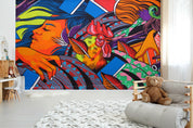 3D Girl Rooster Color Graffiti Wall Mural Wallpaper 85- Jess Art Decoration