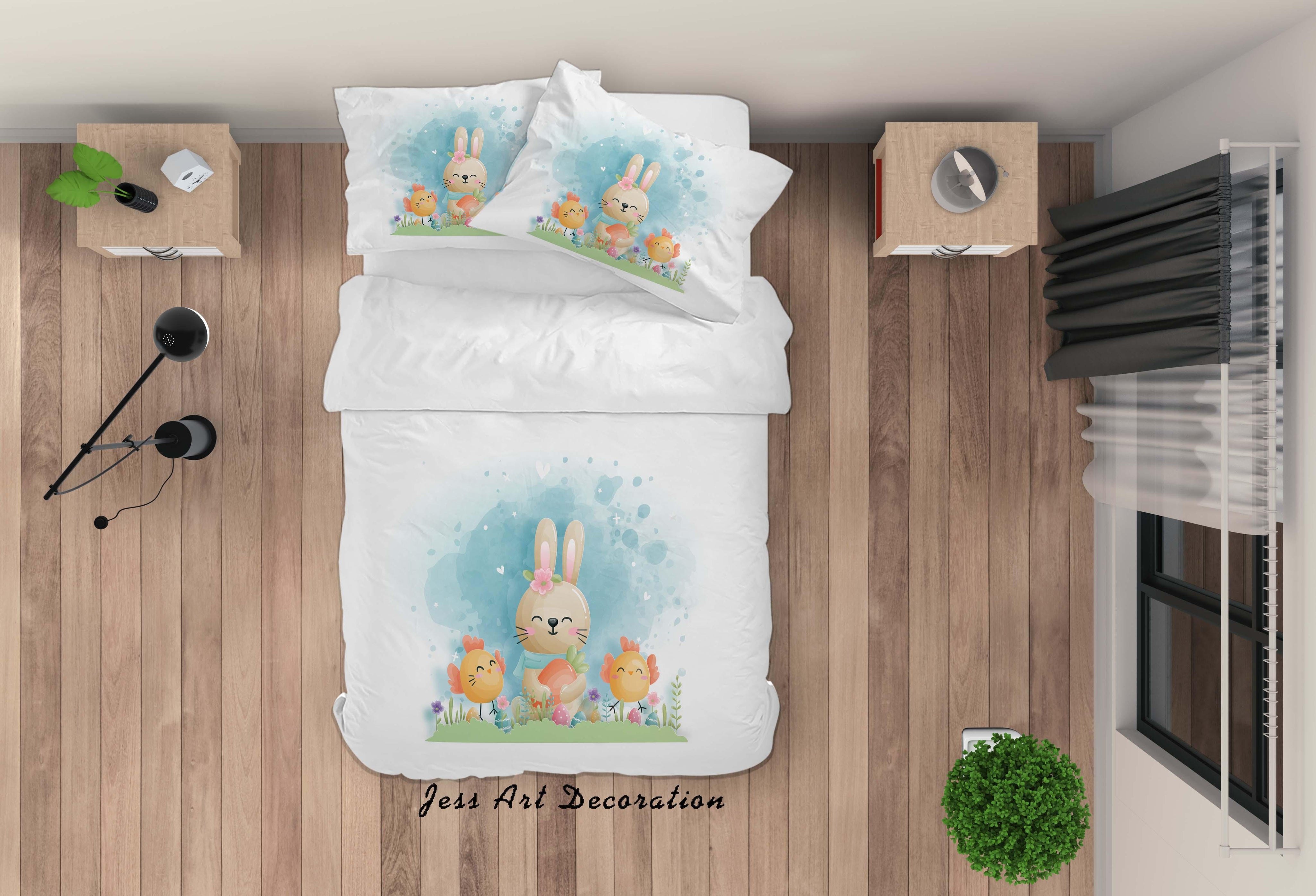 3D White Blue Chick Rabbit Quilt Cover Set Bedding Set Duvet Cover Pillowcases SF69- Jess Art Decoration