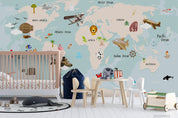 3D Cartoon Vehicle Animal World Map Background Wall Mural Wallpaper GD 1968- Jess Art Decoration