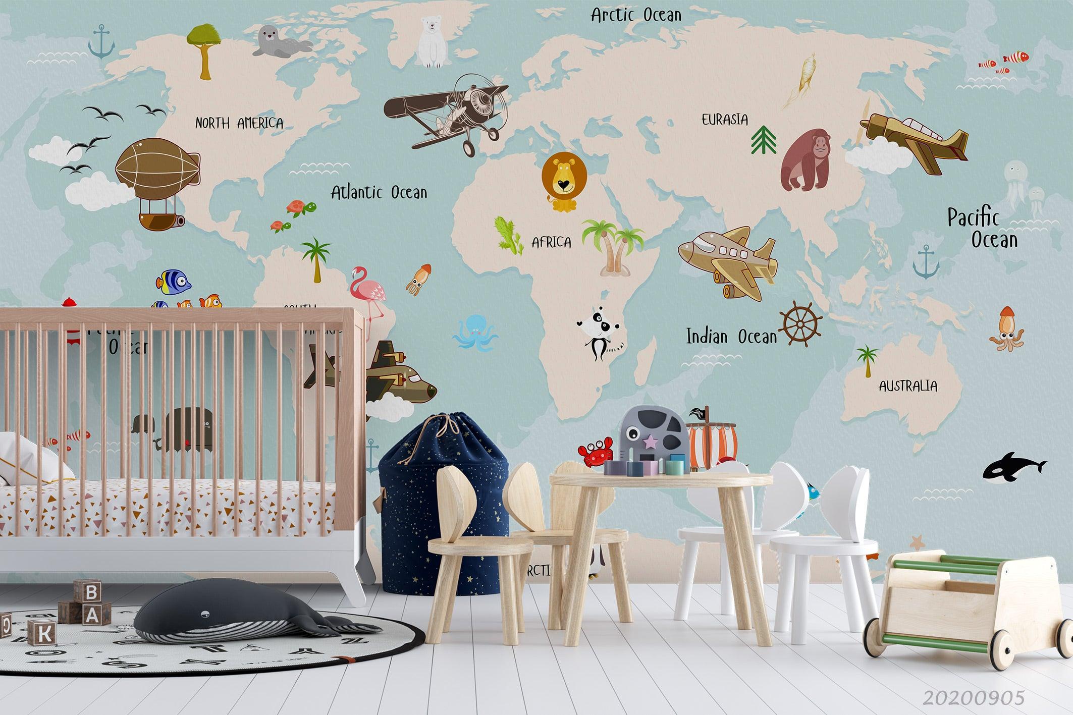 3D Cartoon Vehicle Animal World Map Background Wall Mural Wallpaper GD 1968- Jess Art Decoration