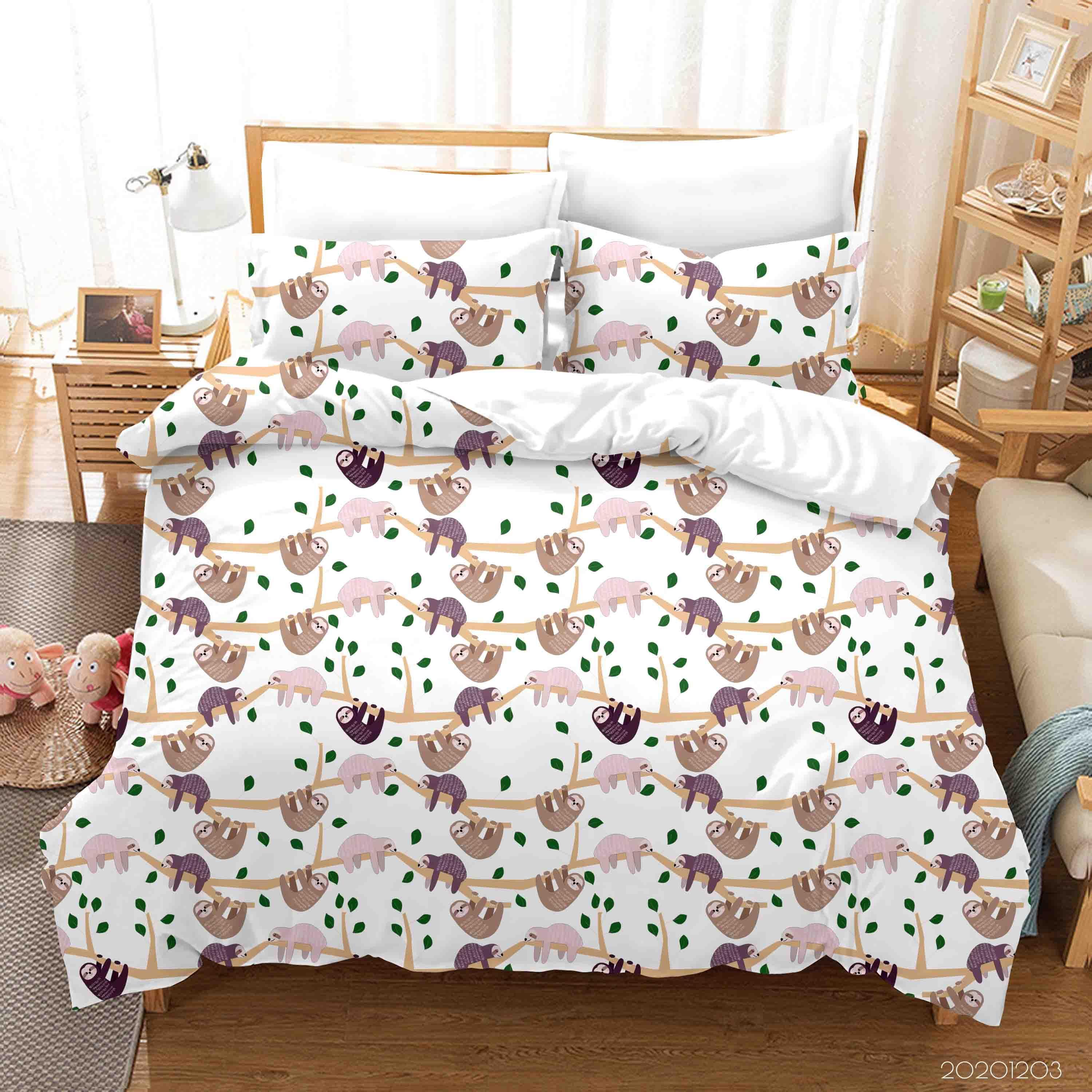 3D Cartoon Hand Drawn Cute Sloth Plant Illustration Animal Quilt Cover Set Bedding Set Duvet Cover Pillowcases LXL- Jess Art Decoration
