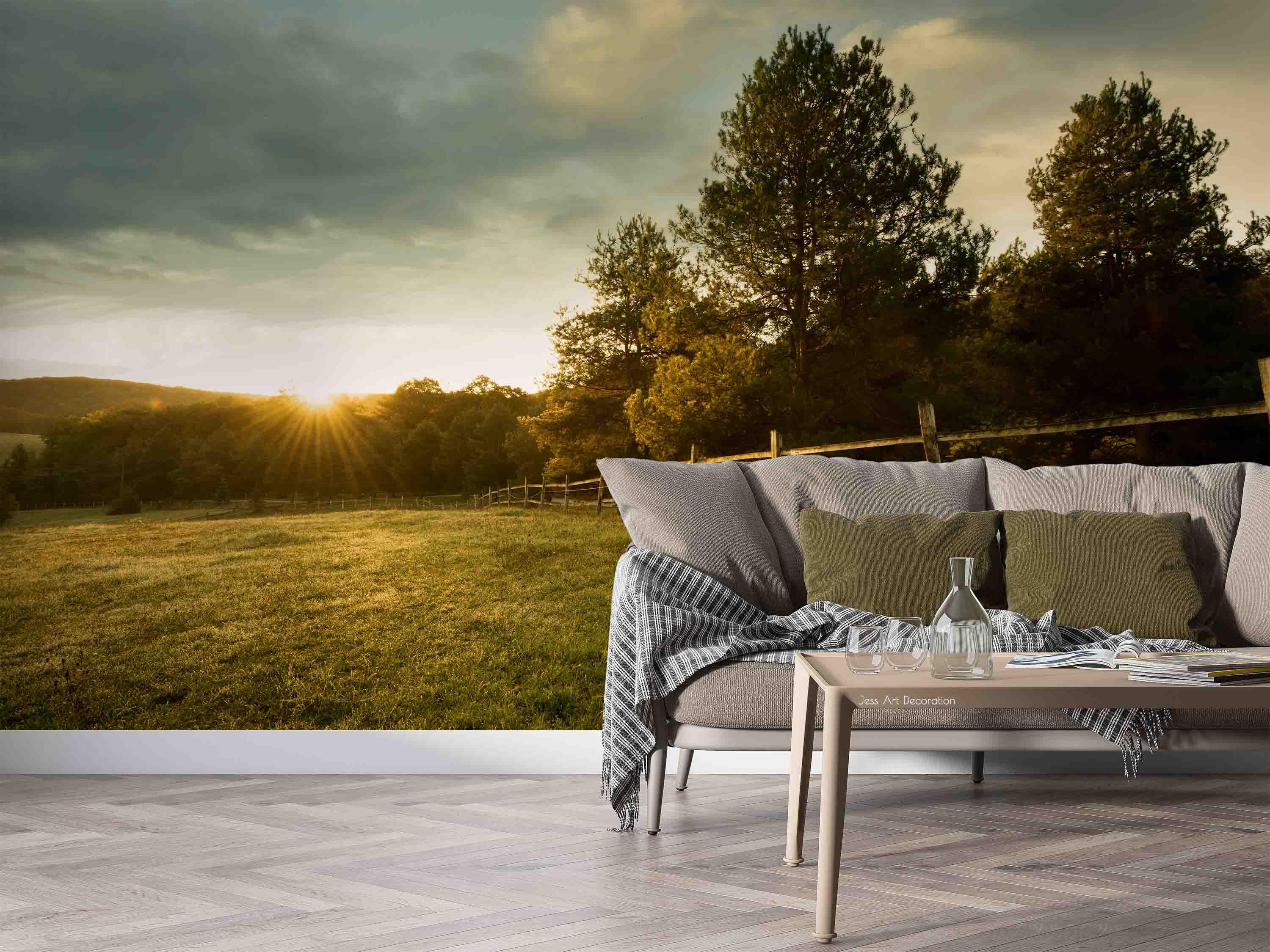 3D Green Grass Fence Trees Wall Mural Wallpaper GD 2296- Jess Art Decoration
