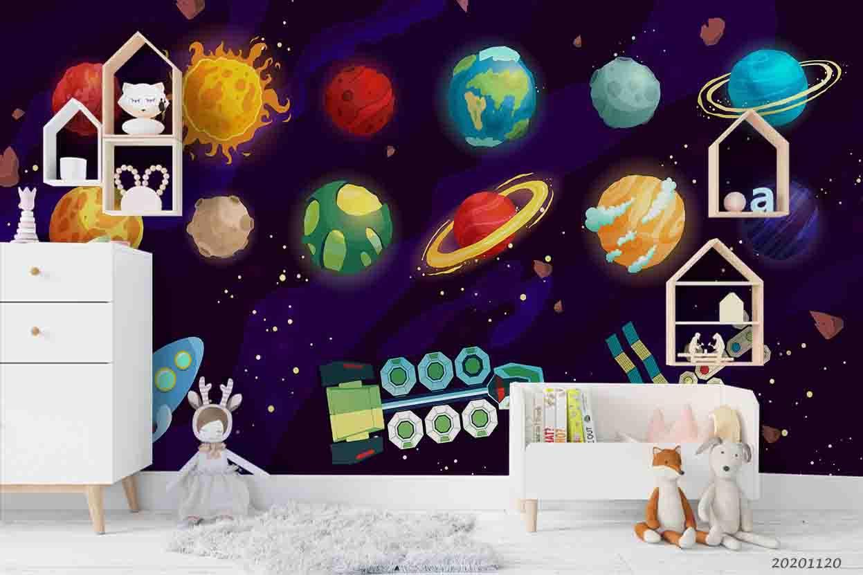 3D Cartoon Space Color Planet Galaxy Wall Mural Wallpaper LQH 293- Jess Art Decoration
