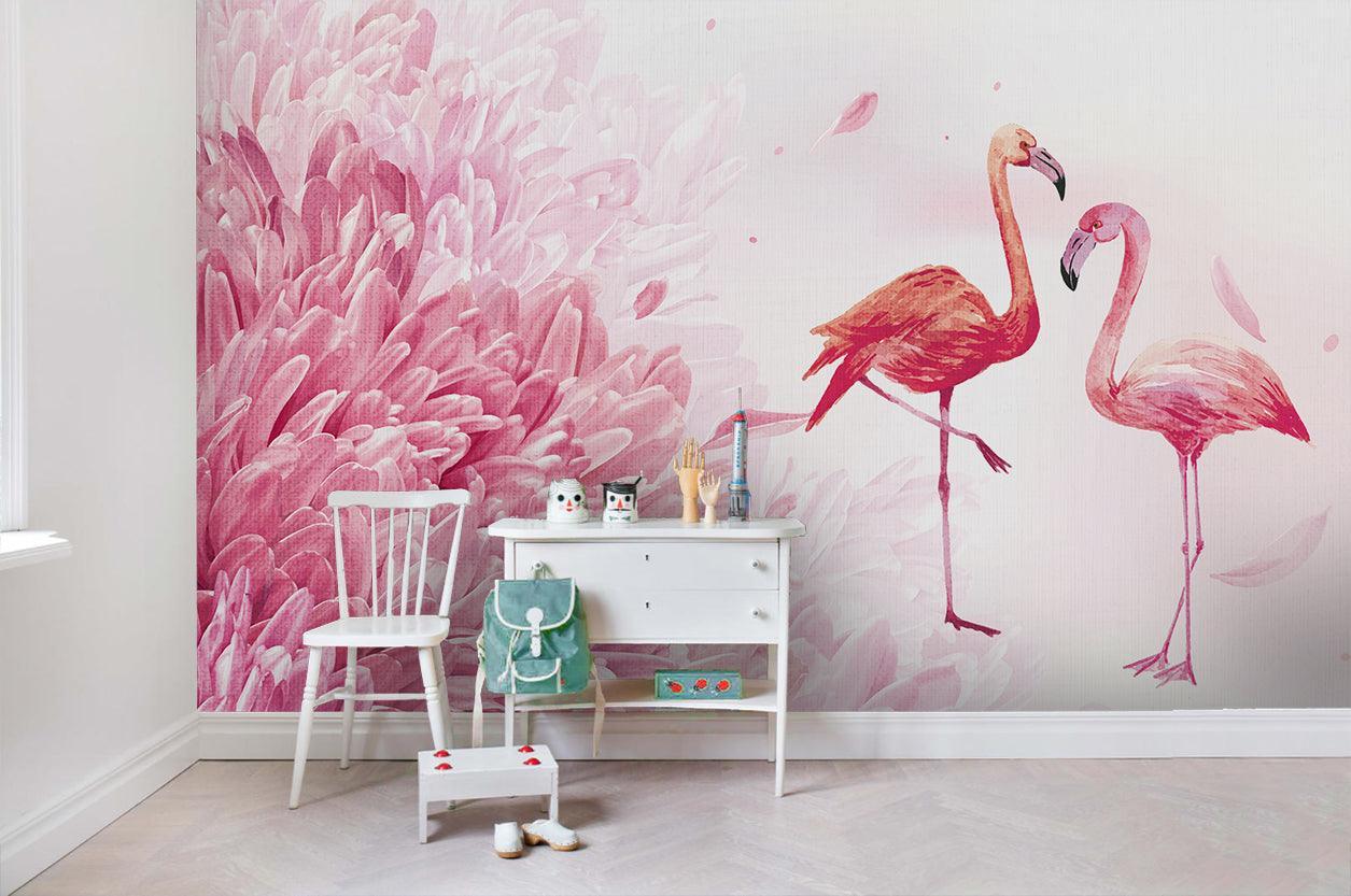 3D Red Pink Flamingo Flowers Wall Mural Wallpaper SF85- Jess Art Decoration