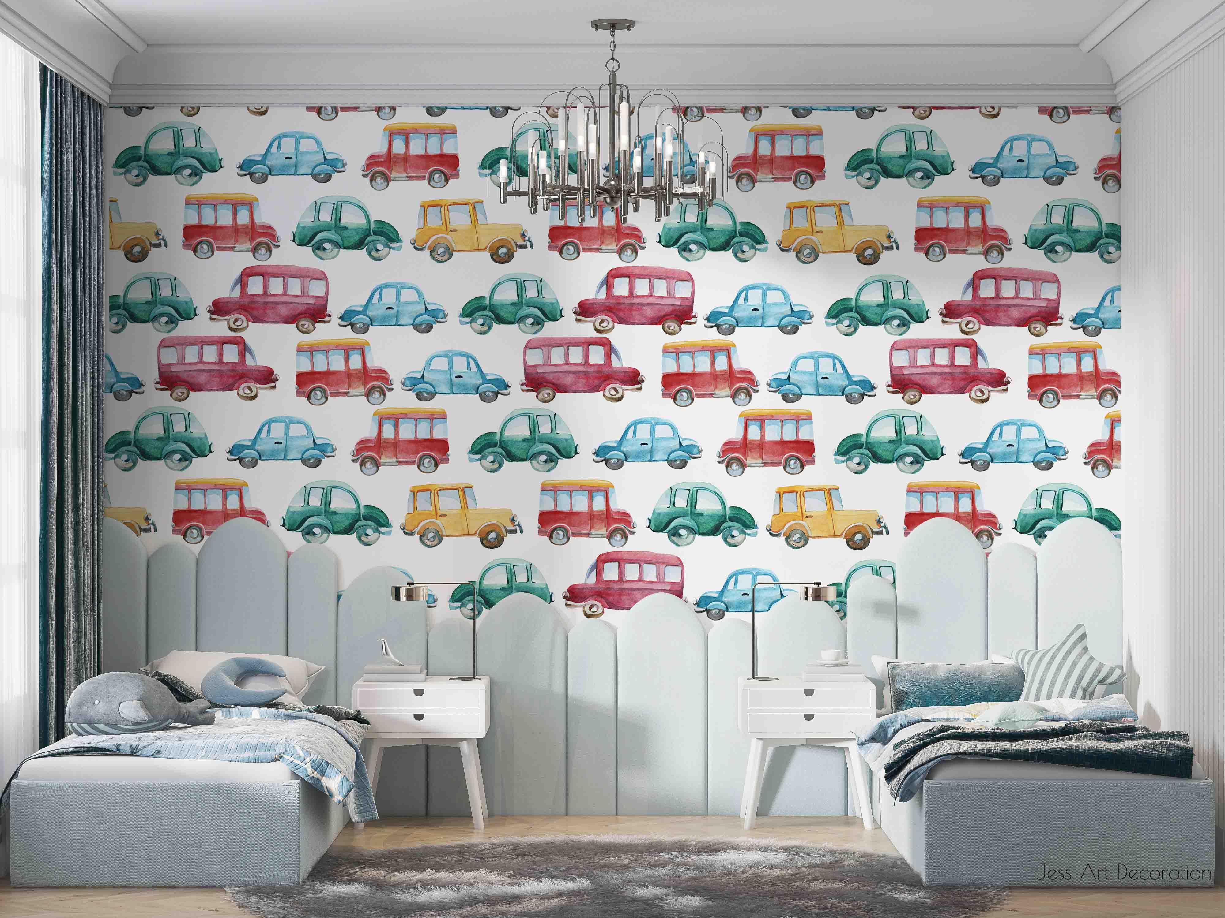 Watercolor Cartoon Car Pattern Contemporary Wallpaper contemporary street art wall mural for creative room or feature wall - 
