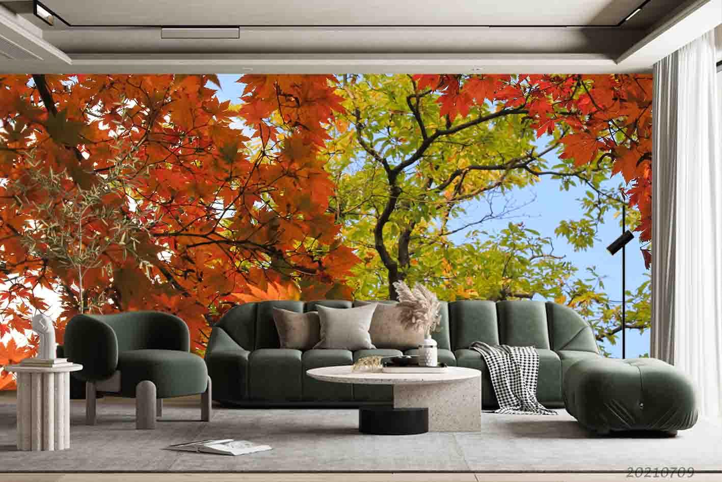 3D Red Maple Golden Leaf Wall Wall Mural Wallpaper SWW4377- Jess Art Decoration
