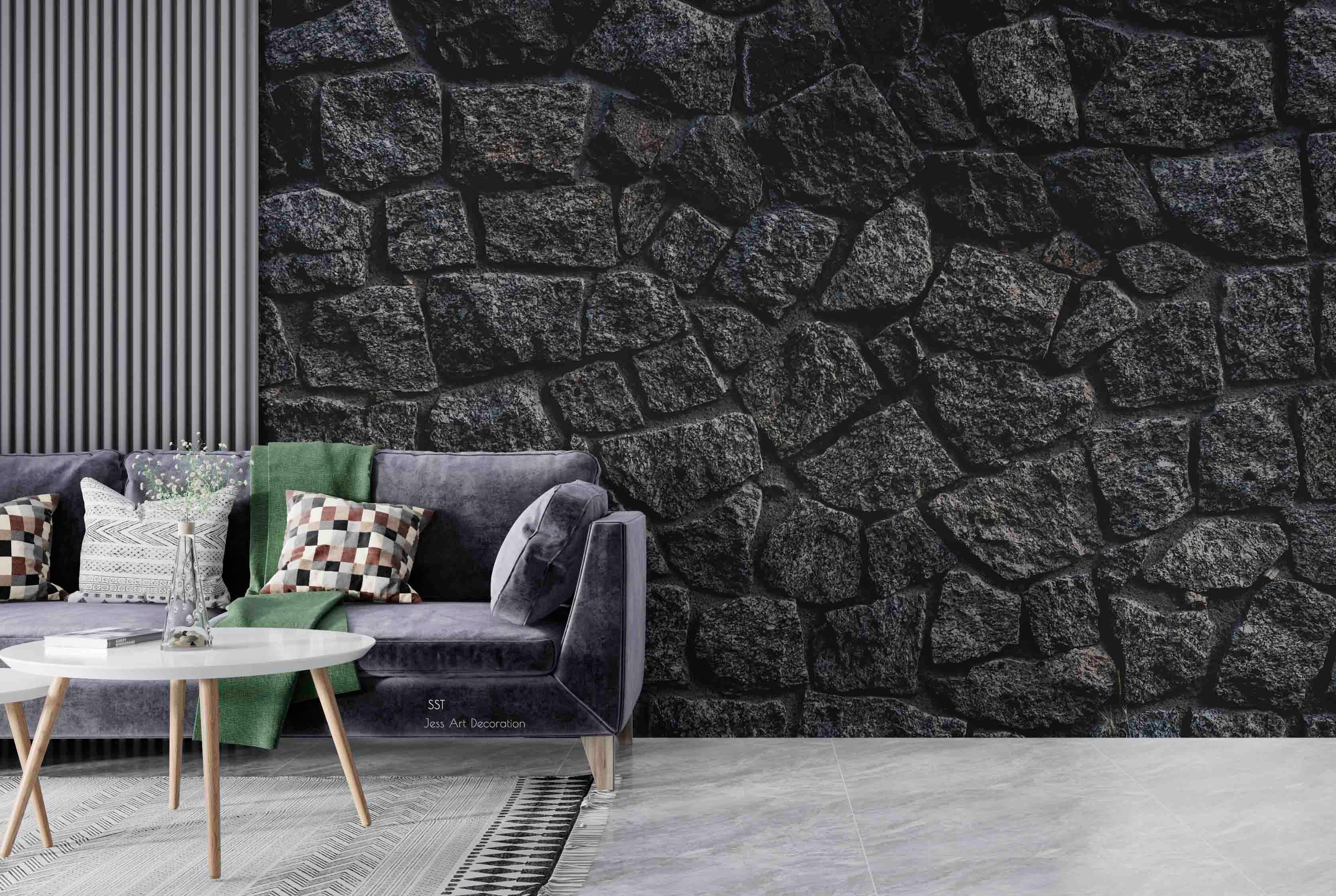 3D Black Rock Texture black stone rock texture wall mural wallpaper for dining room - view 2
