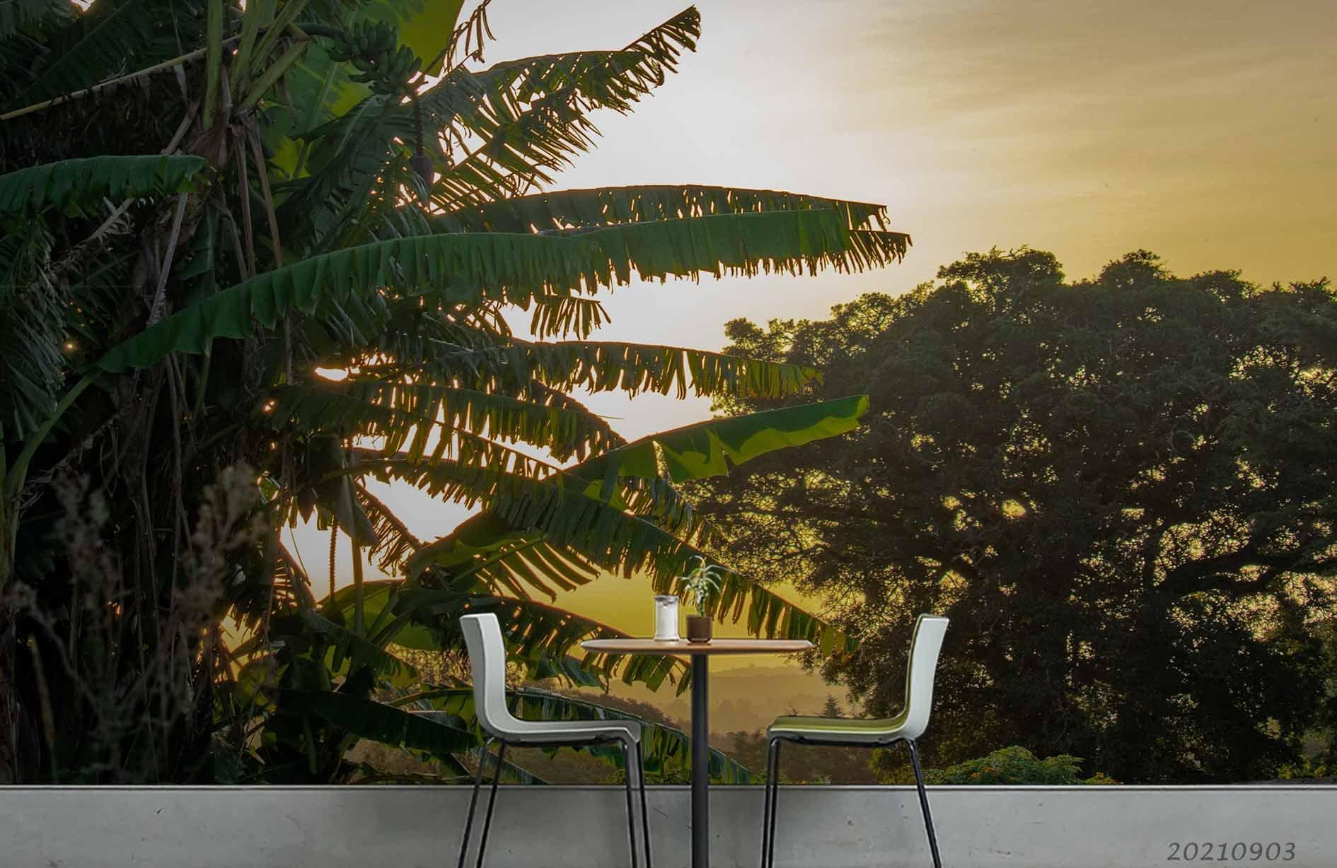 3D Sunset Sky Green Tree Palm Wall Mural Wallpaper LQH 92- Jess Art Decoration