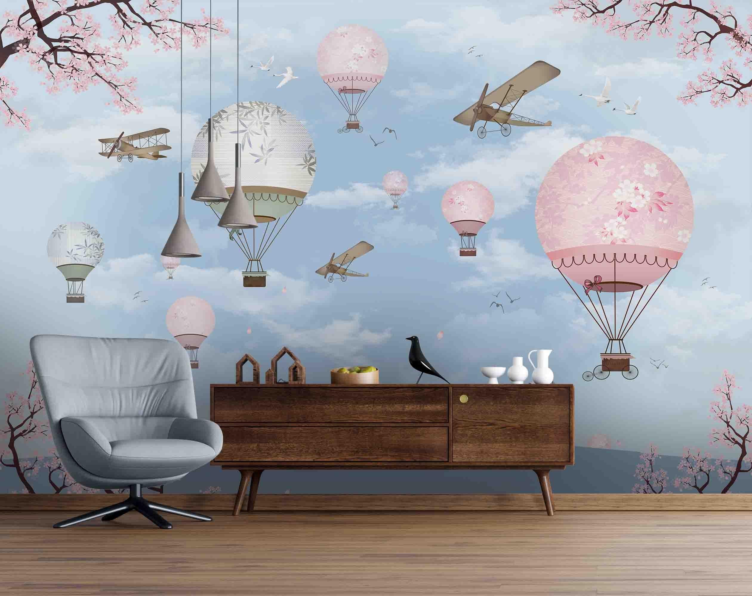 3D Cartoon Blue Sky Airplane Hot Air Balloon Flowers Wall Mural Wallpaper ZY D33- Jess Art Decoration