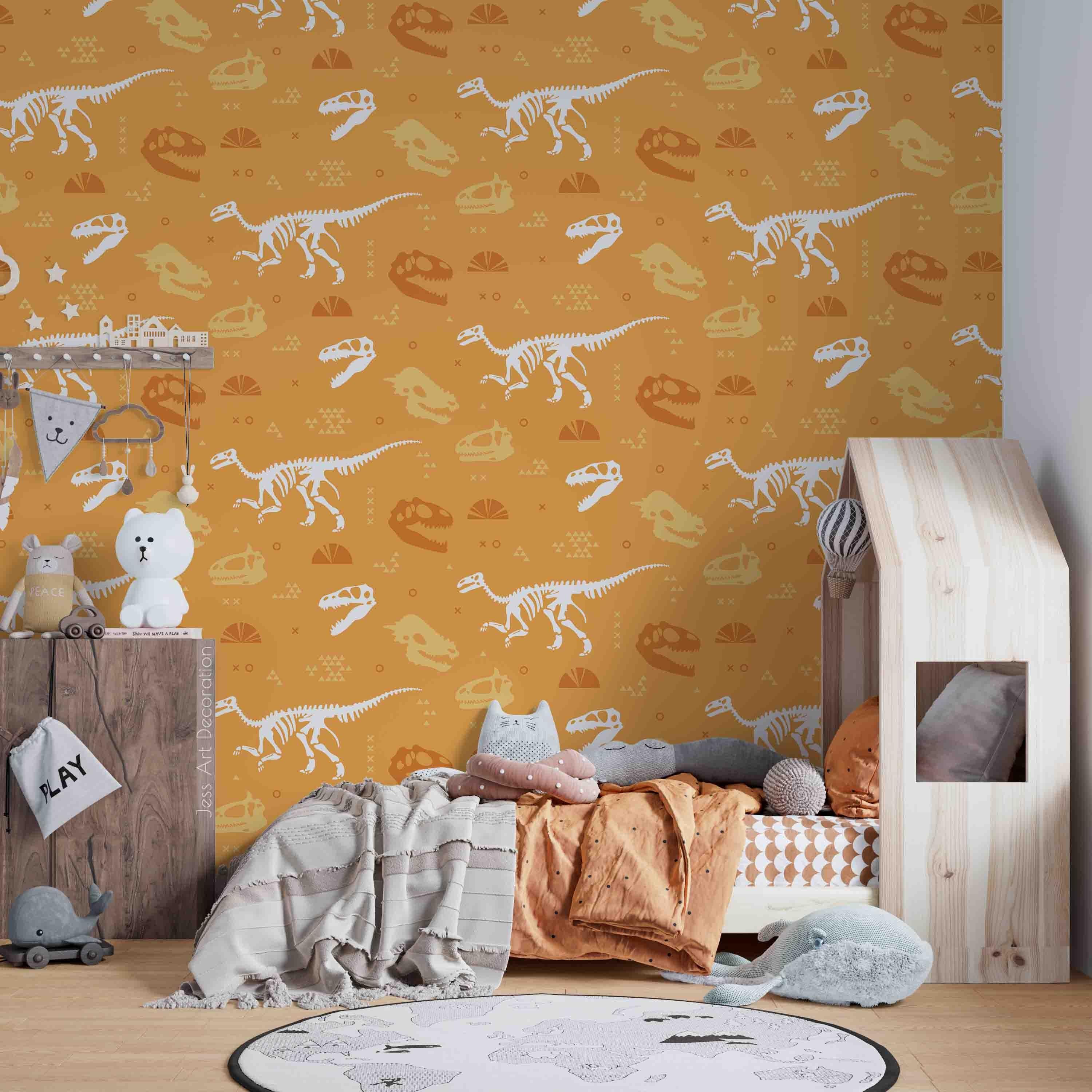 3D Dinosaur Skeleton Yellow Background Wall Mural Wallpaper GD 3168- Jess Art Decoration
