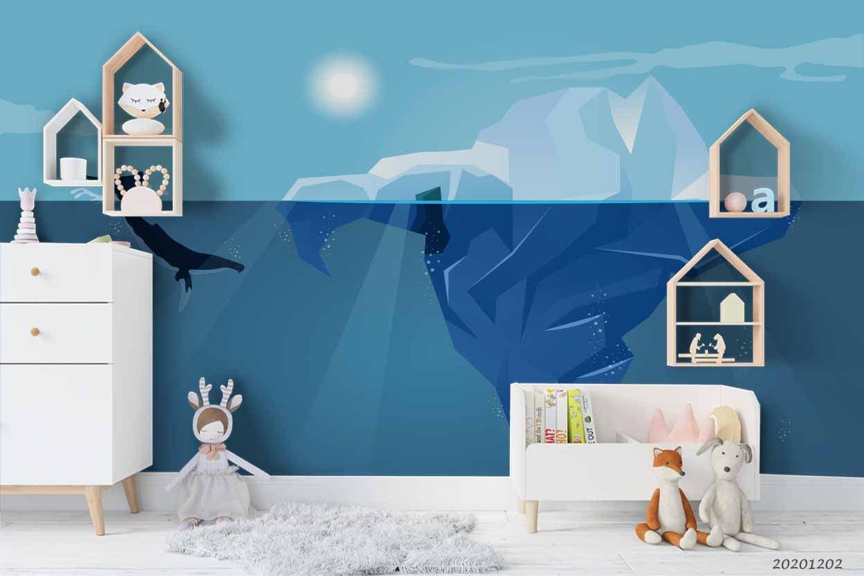 3D Cartoon Hand Drawn Deep Ocean Blue Ice Mountain Sunny Wall Mural Wallpaper LXL- Jess Art Decoration