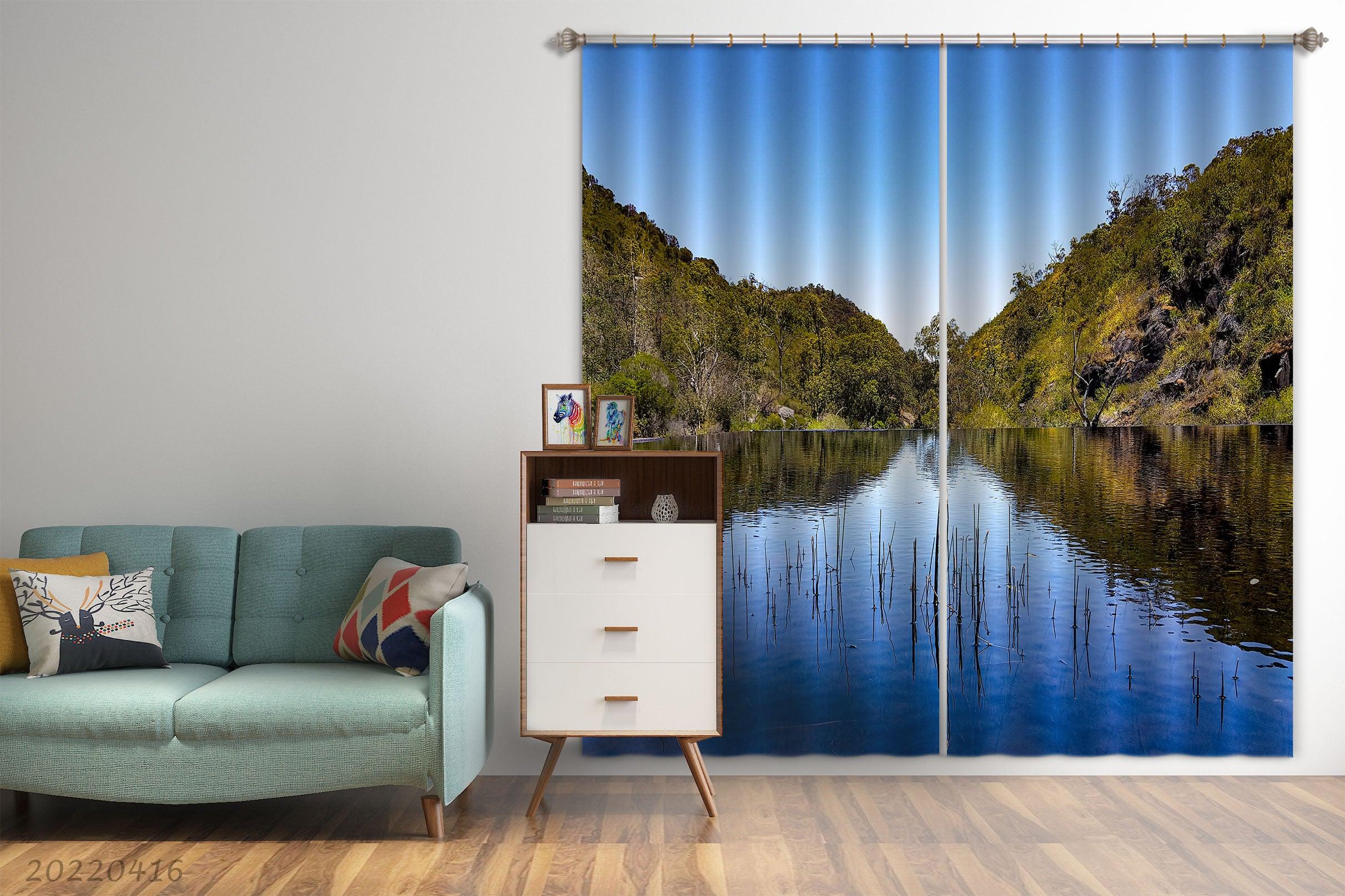 3D Landscape River Hill Rock Green Tree Curtains and Drapes GD 4580- Jess Art Decoration