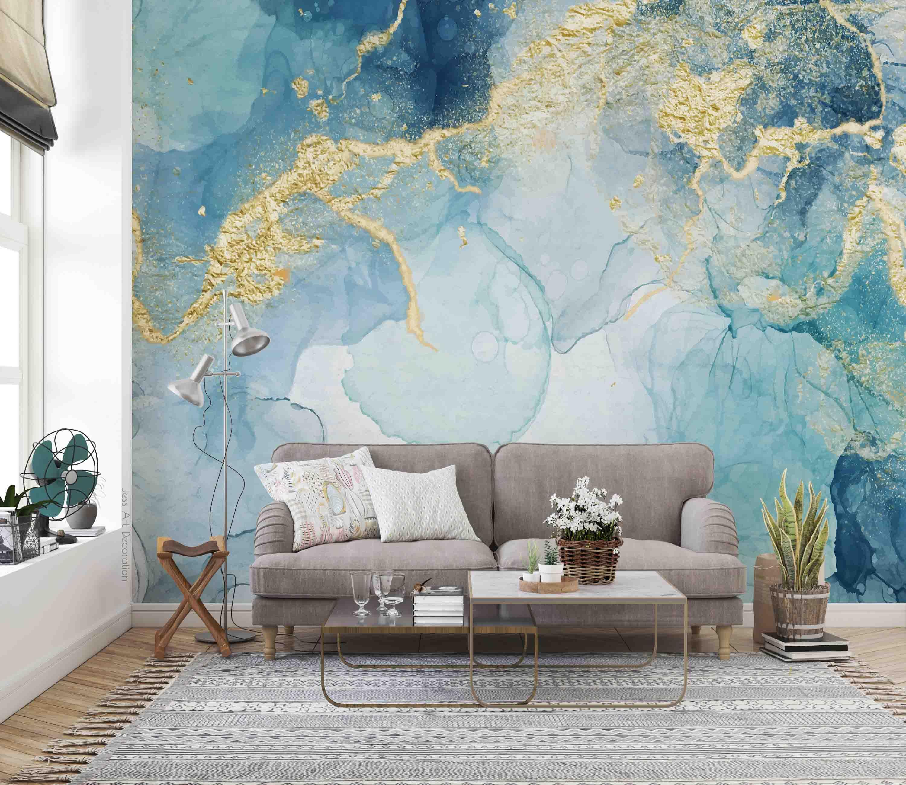 3D Blue Gold Marble blue gold marble texture wall mural wallpaper for living room - view 2