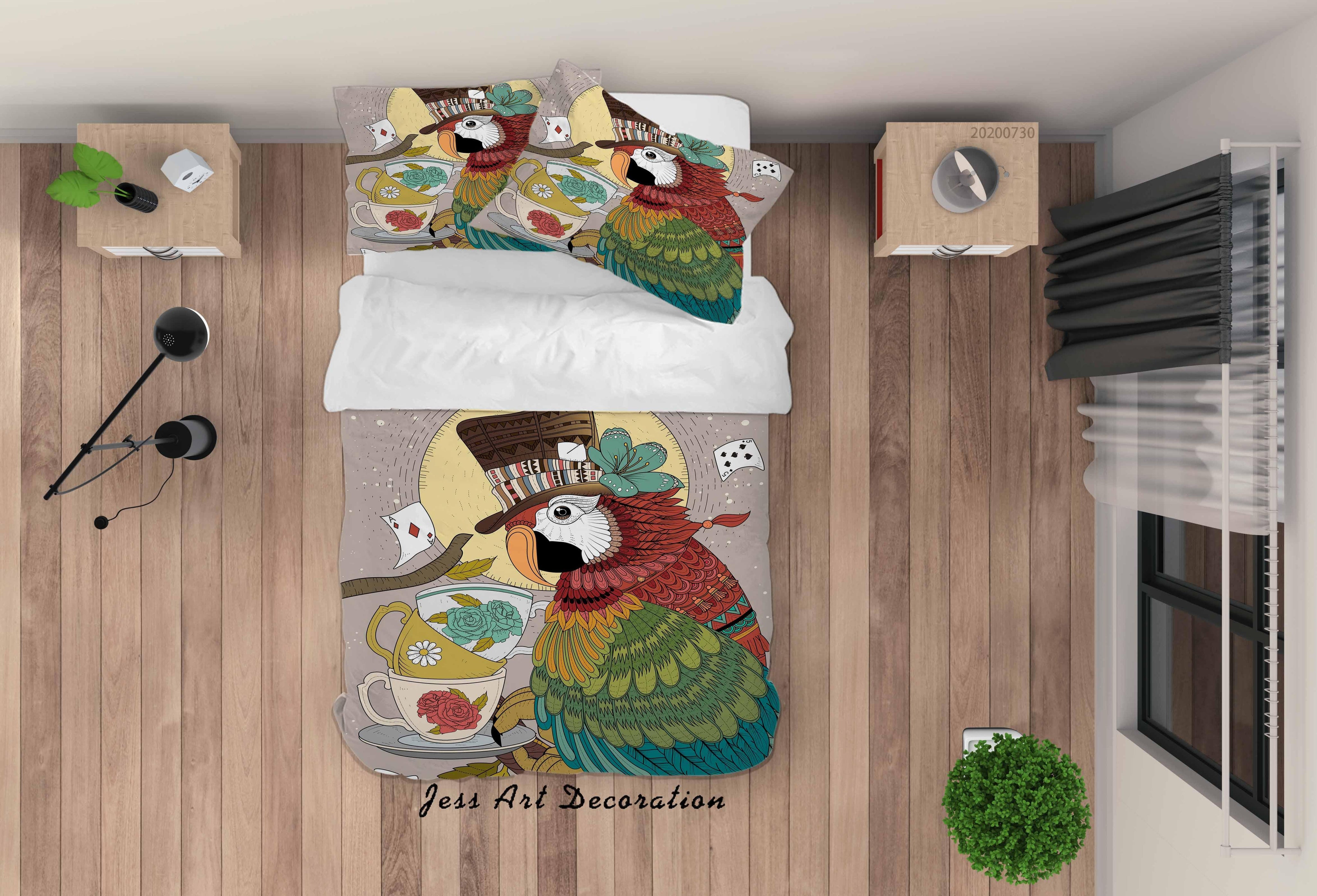 3D Cartoon Parrot Tea Cup Quilt Cover Set Bedding Set Duvet Cover Pillowcases LXL 67- Jess Art Decoration