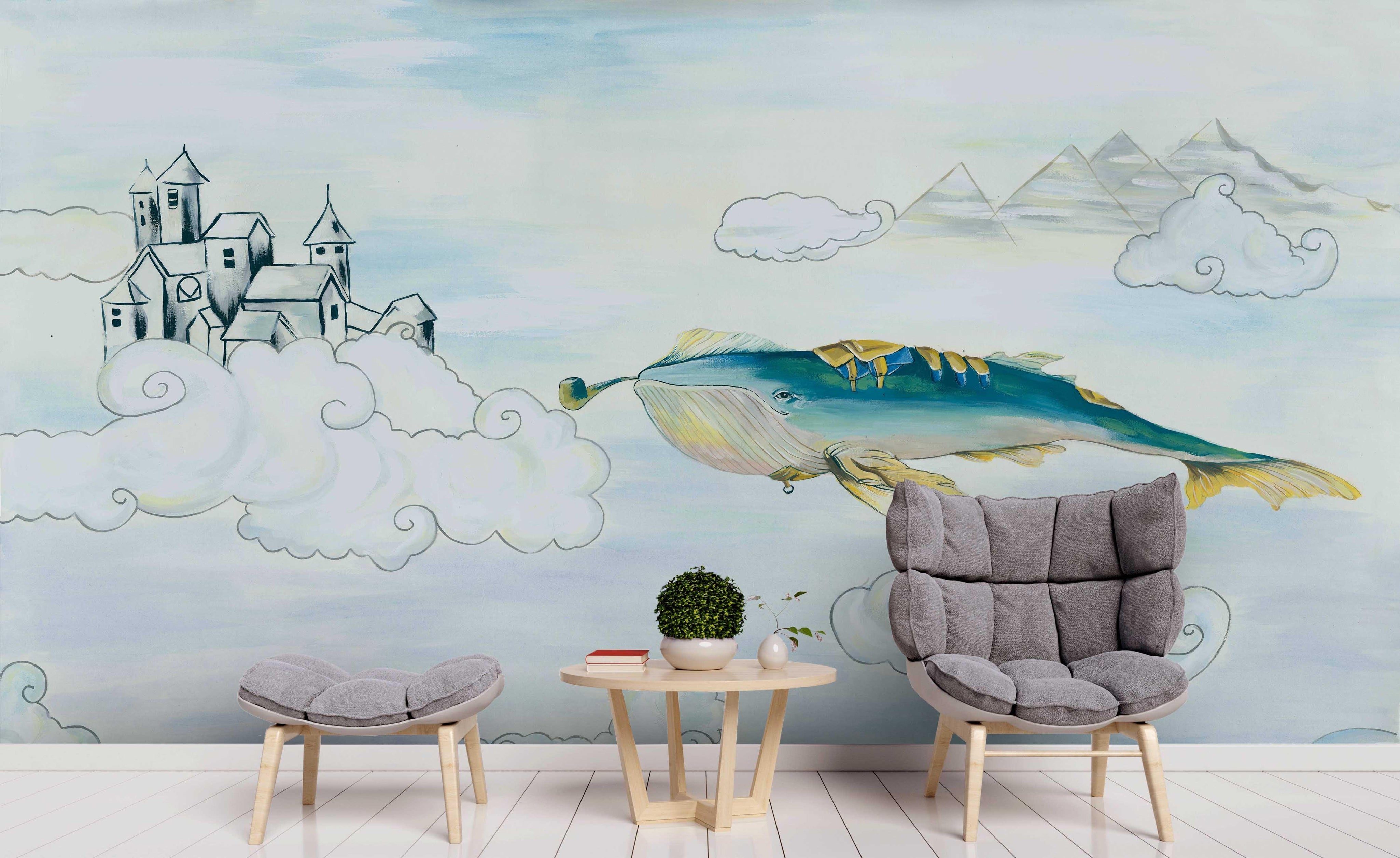 3D Abstract Blue Whale Castle Wall Mural Wallpaper 200- Jess Art Decoration
