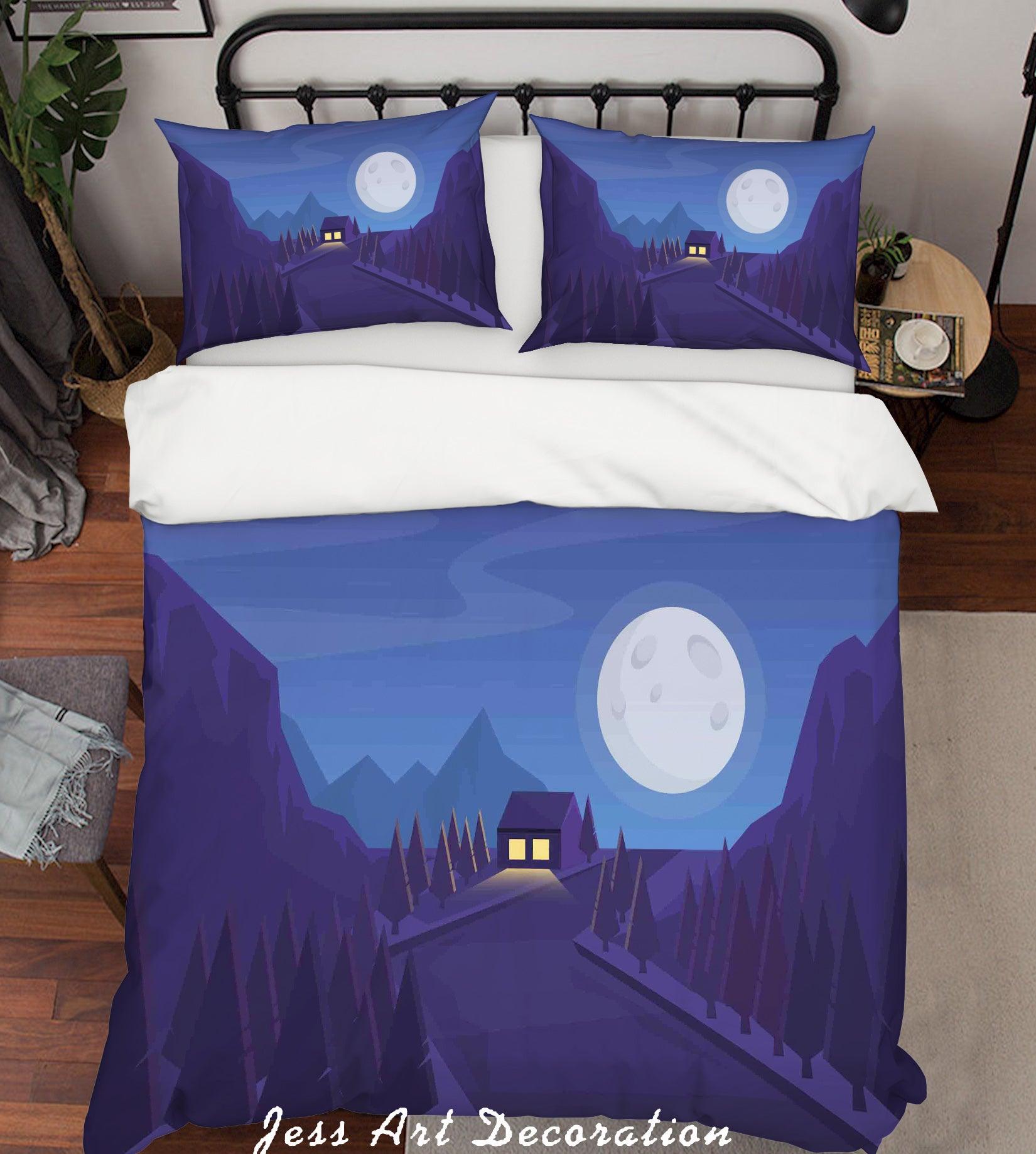 3D Blue Moon Mountains Trees House Quilt Cover Set Bedding Set Pillowcases 19- Jess Art Decoration