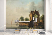 3D house trees river boat wall mural wallpaper 03- Jess Art Decoration