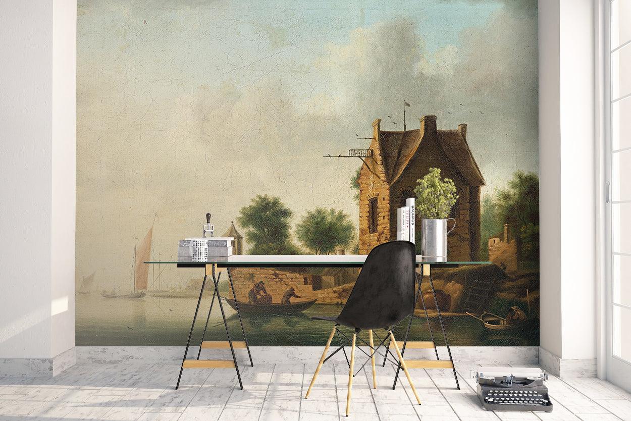 3D house trees river boat wall mural wallpaper 03- Jess Art Decoration