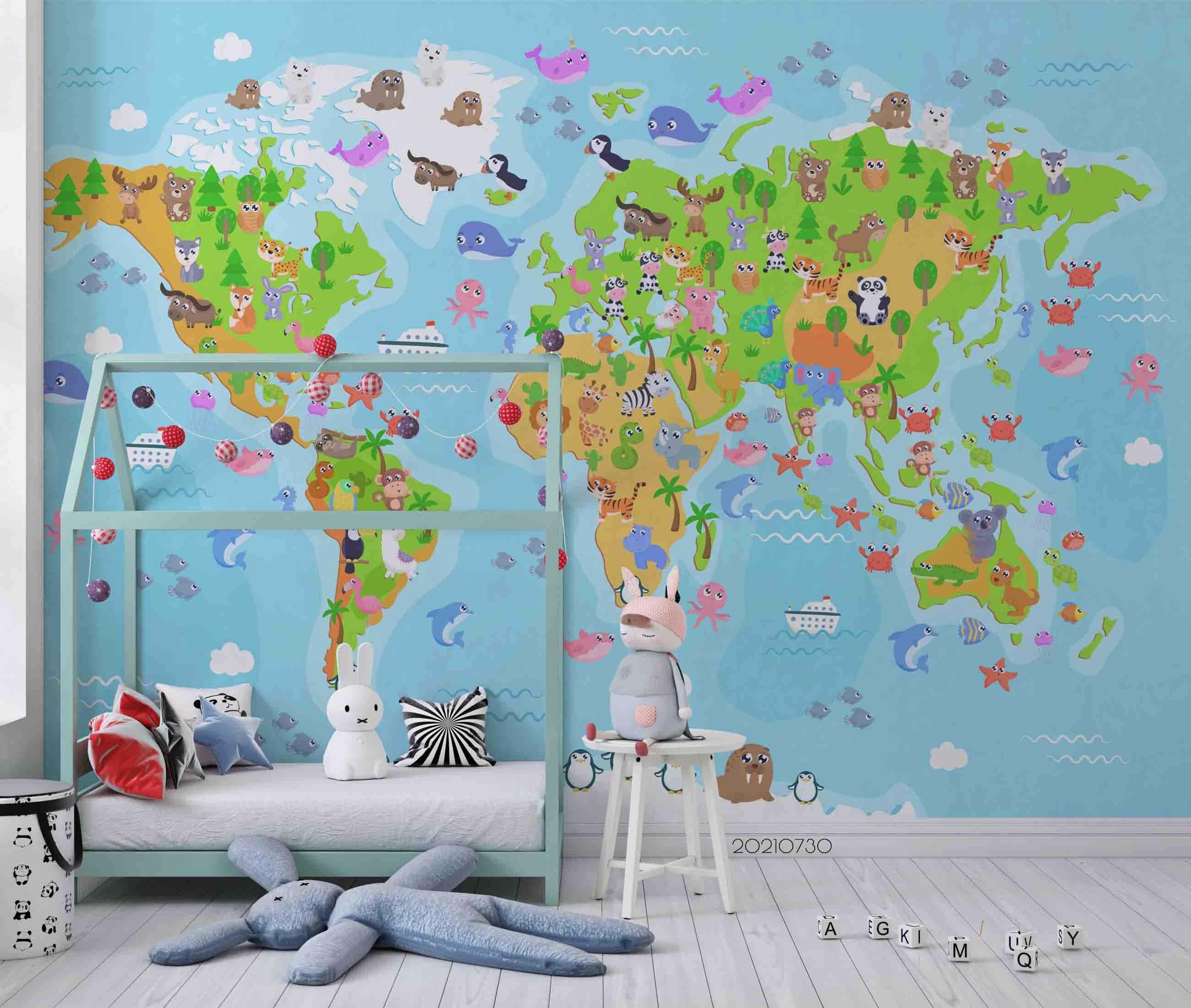 3D Animal Map World Cartoon Wall Mural Wallpaper SWW4452- Jess Art Decoration
