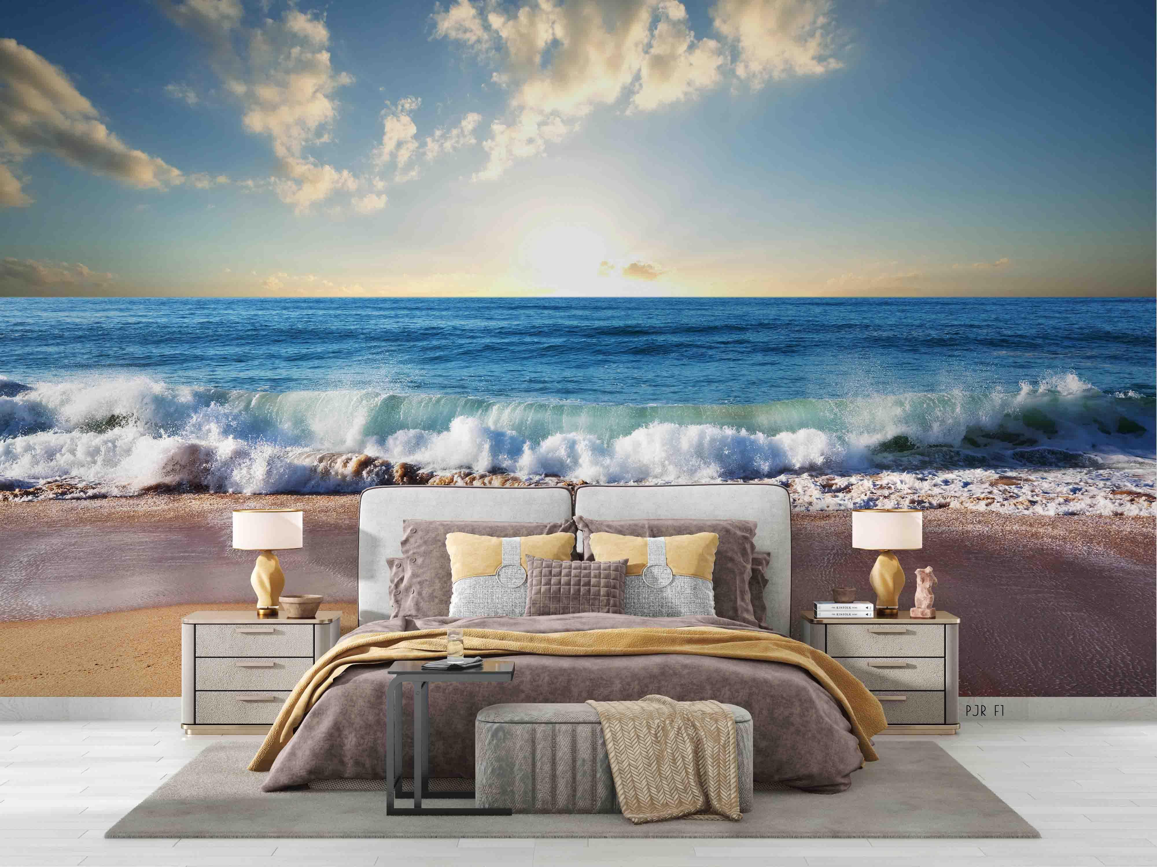 3D Seaside Sunset Waves sunset ocean wave landscape wall mural wallpaper for bedroom