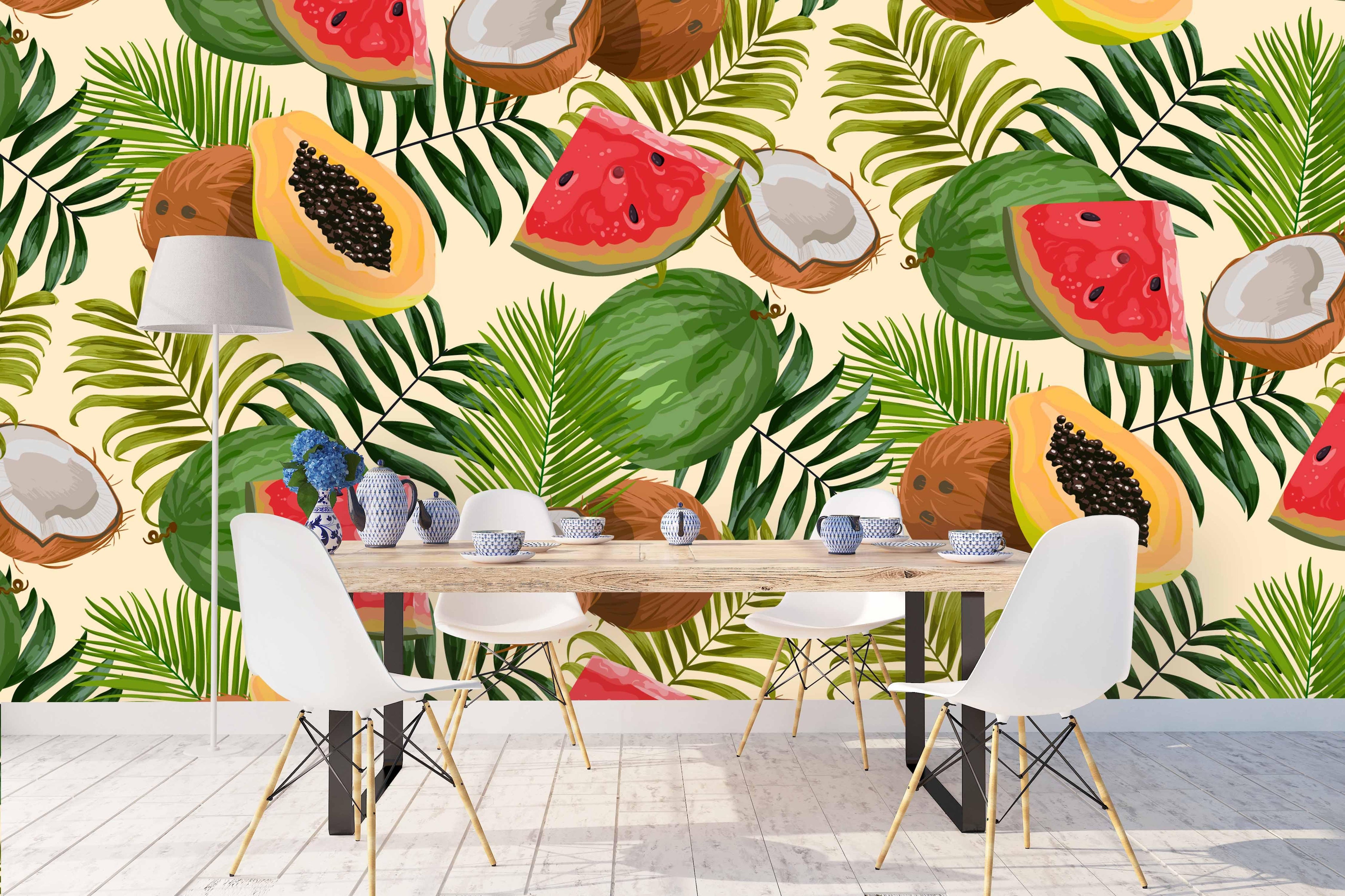 3D Papaya Watermelon Coconut Leaves Wall Mural Wallpaper 8- Jess Art Decoration