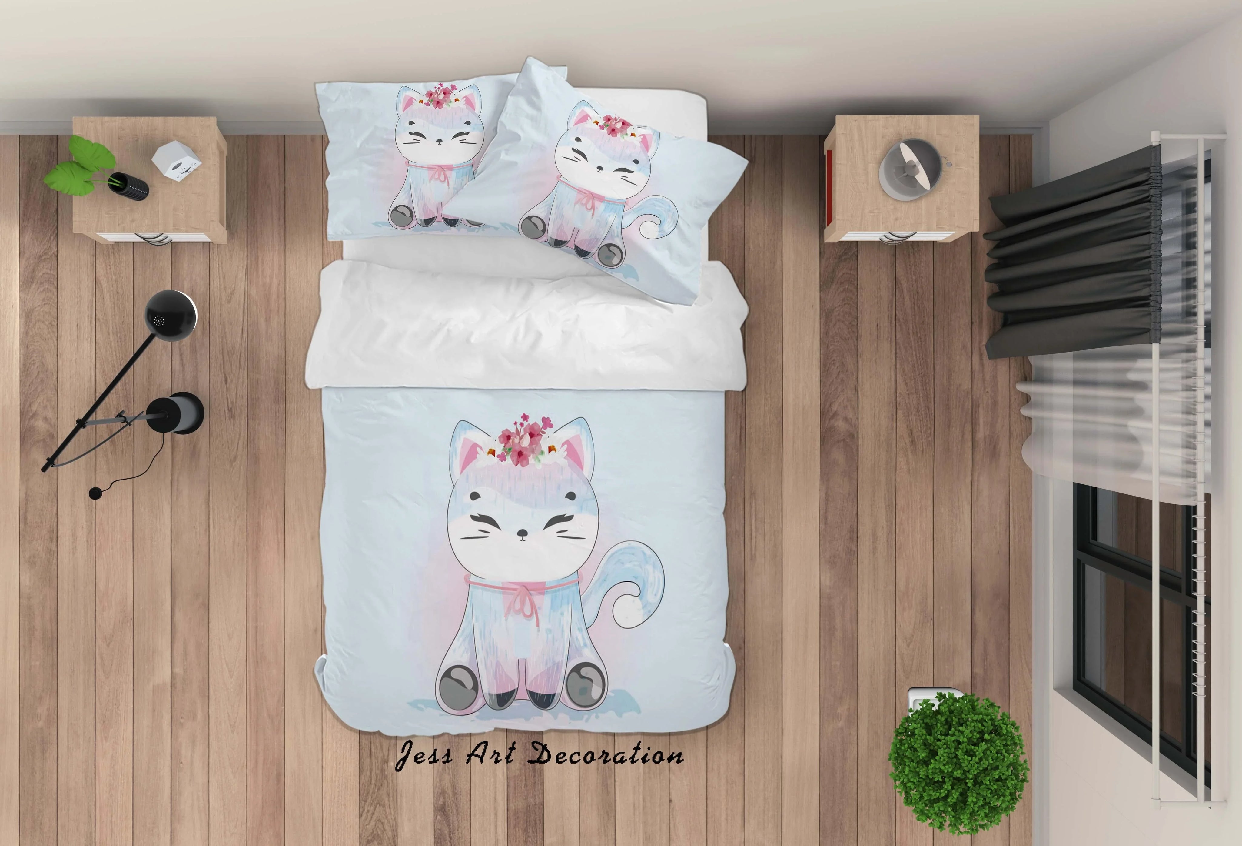3D Blue Cartoon Cat Kitty Animal Quilt Cover Set Bedding Set Duvet Cover Pillowcases SF73- Jess Art Decoration