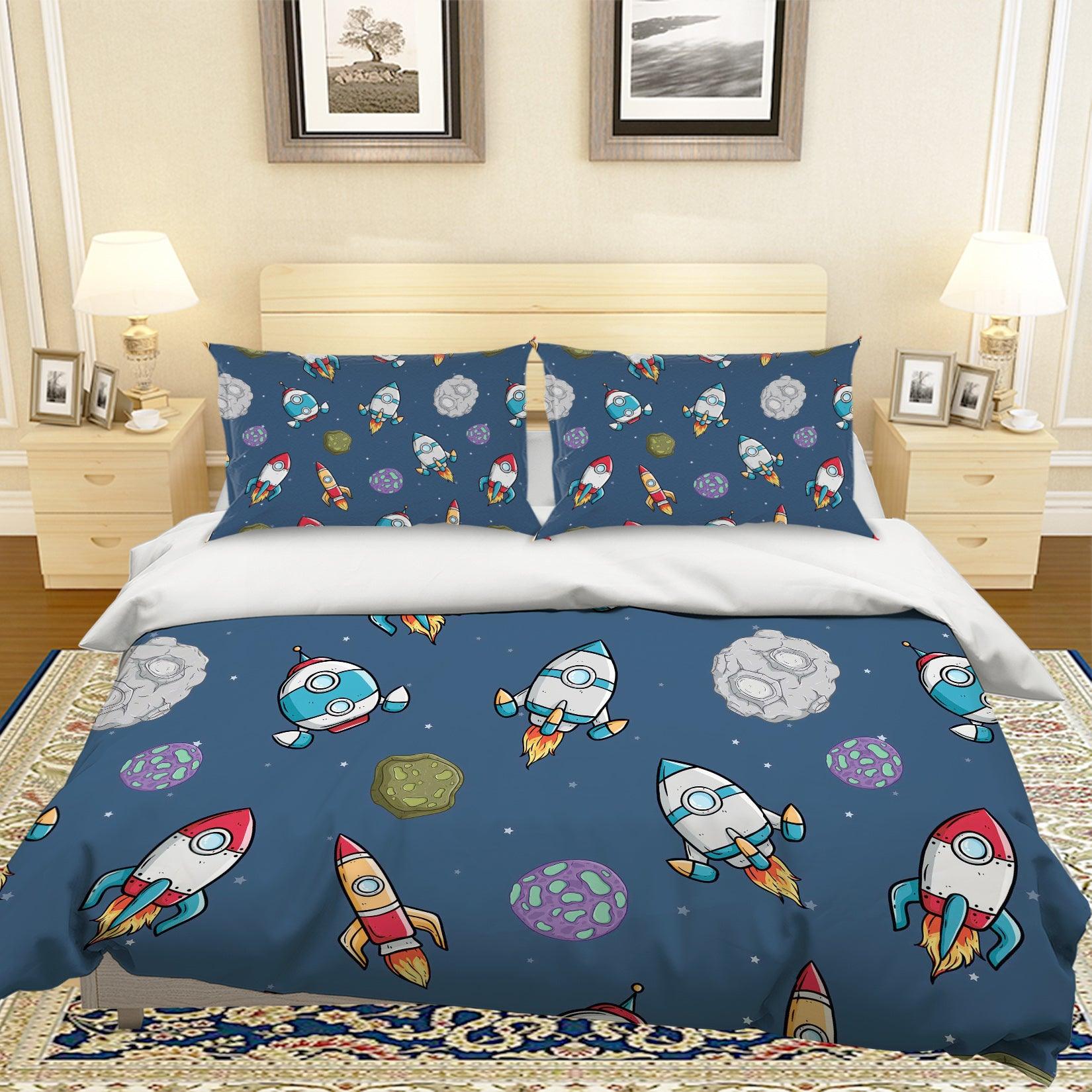 3D Cartoon Space Rocket Quilt Cover Set Bedding Set Pillowcases 114- Jess Art Decoration