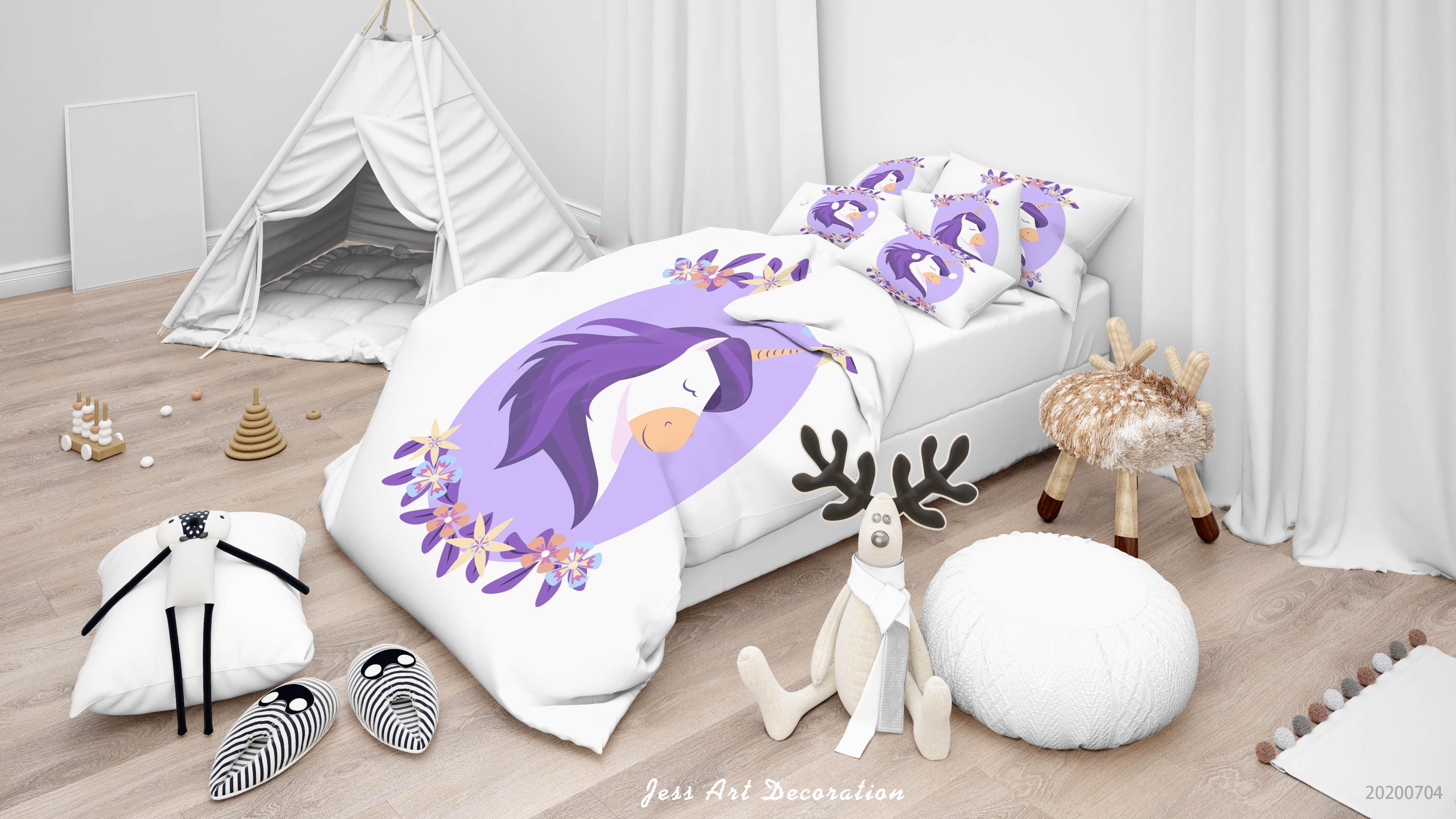 3D White Floral Unicorn Quilt Cover Set Bedding Set Duvet Cover Pillowcases SF255- Jess Art Decoration